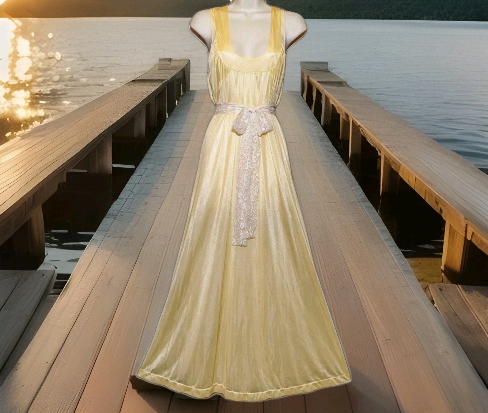 Vintage GINA Sparkling Yellow Stretch Back Waist Lingerie Slip Dress Nightgown M