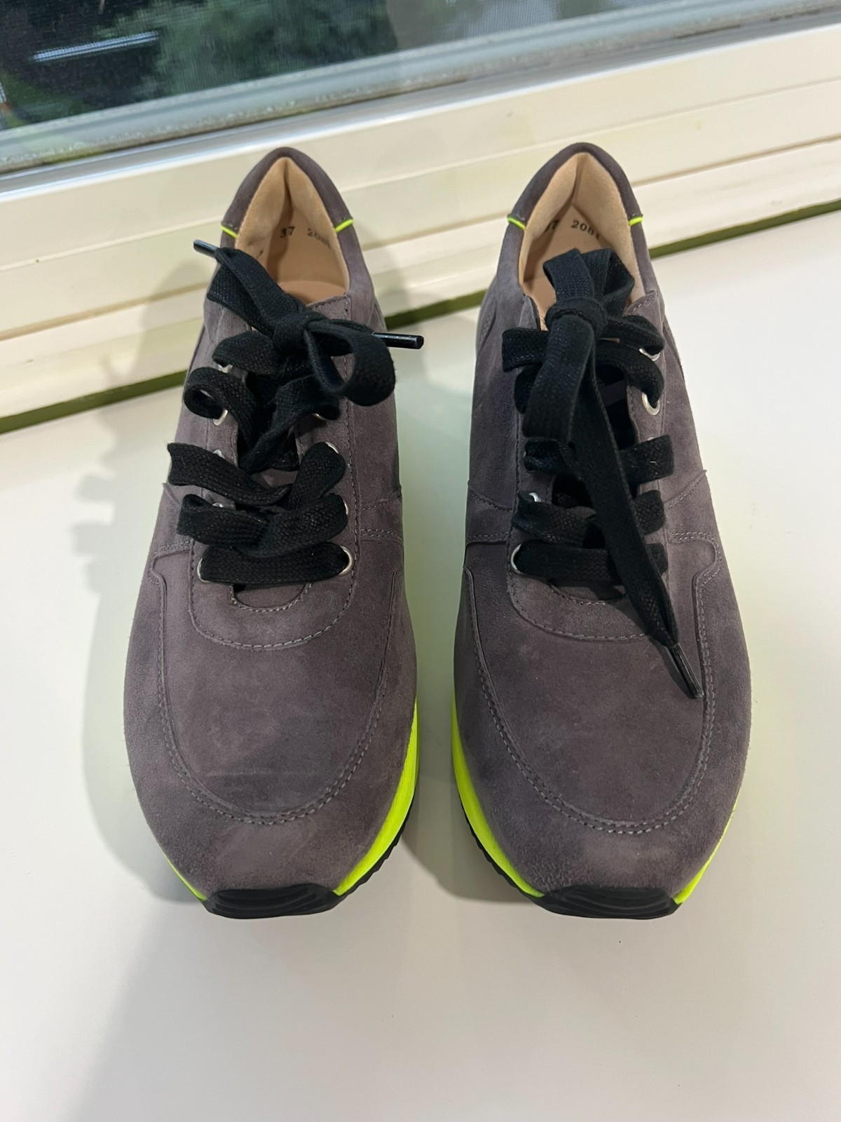 Peter Kaiser Gray Suede Sneakers with Bold Neon Yellow Sole 37 US6-6.5