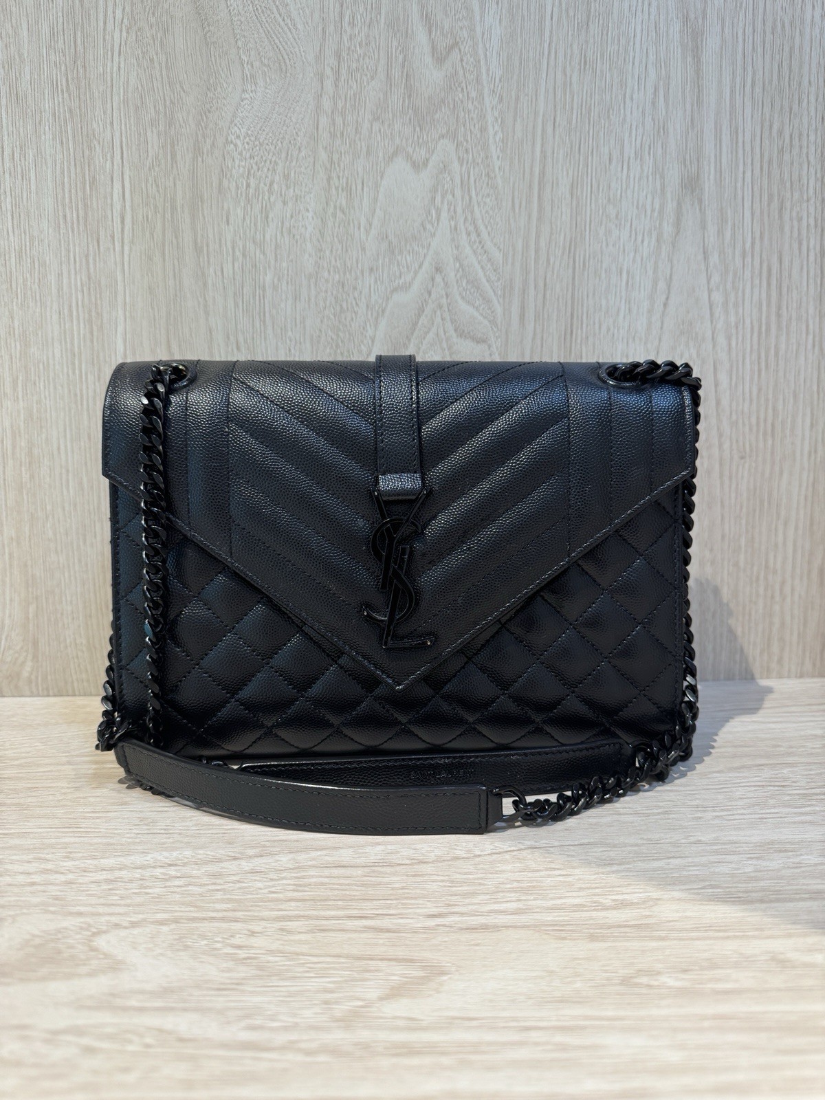 Saint Laurent Black Quilted Grain Leather, Chain Strap Bag, Medium, Logo