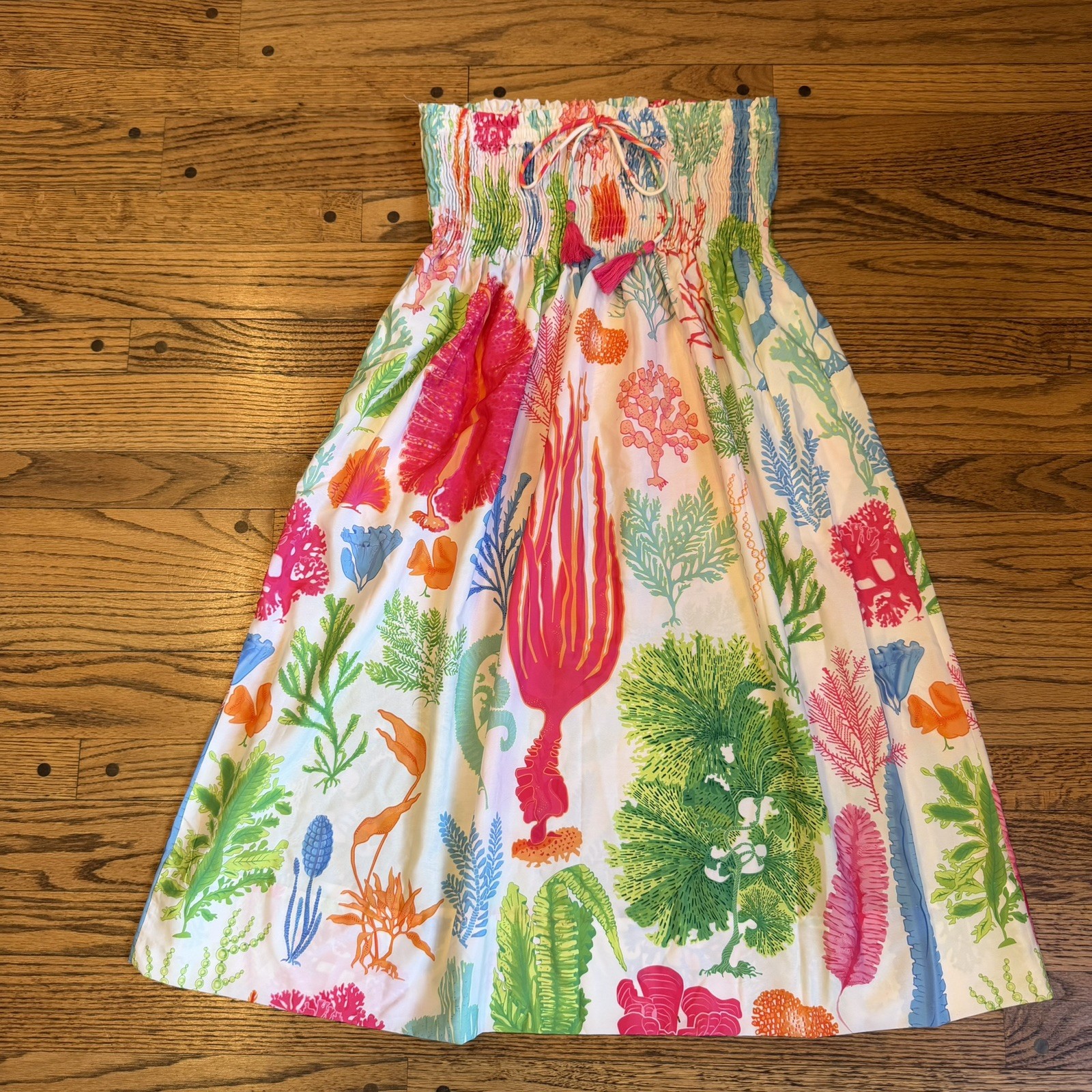 Gretchen Scott Coral Seaweed Print Smocked Maxi Skirt OS White Pink Green