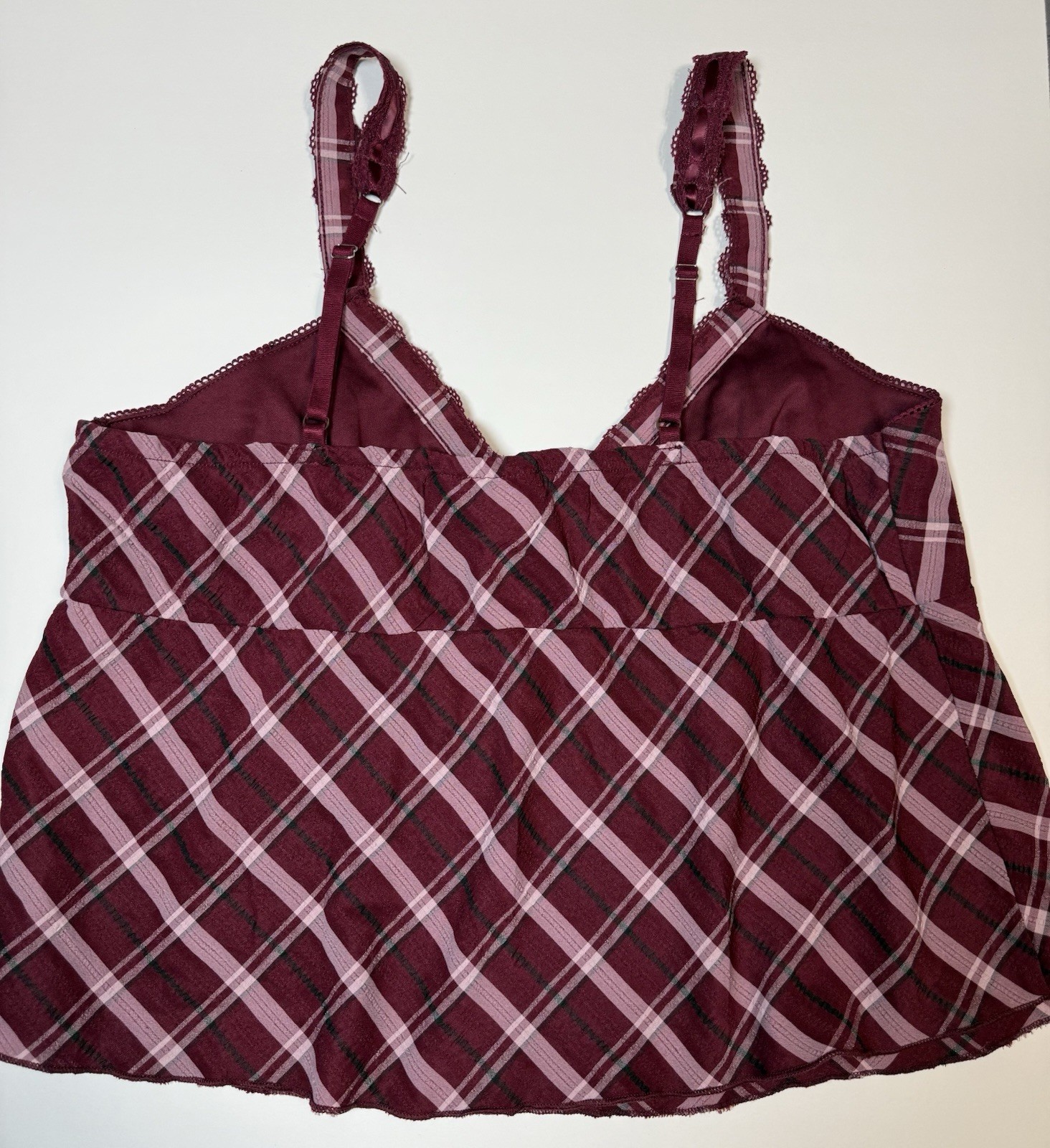 Women’s Plaid Burgundy Pink Top Size L Adjustable Strap V-Neck Camisole Shirt