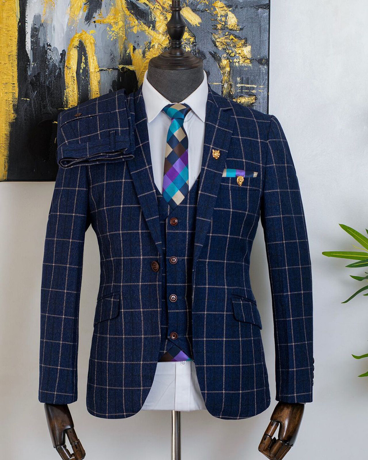 Checked Men Suits Single Breasted Notch Lapel Prom Groom Tuxedos Regular Fit