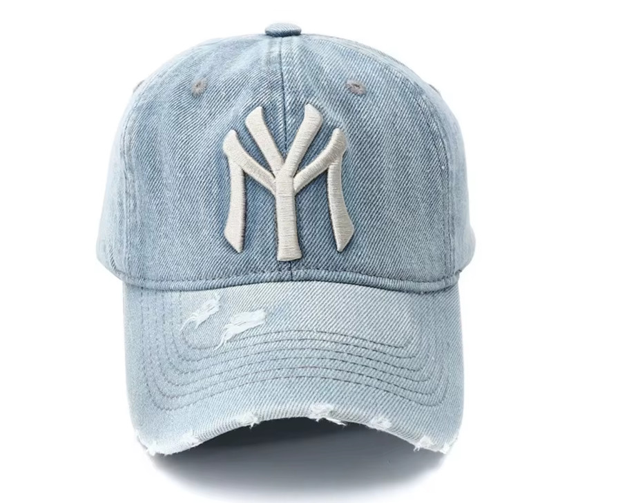 New Yor NY USA Embroidery Light Blue Denim Baseball Hat Cap Washed Distressed