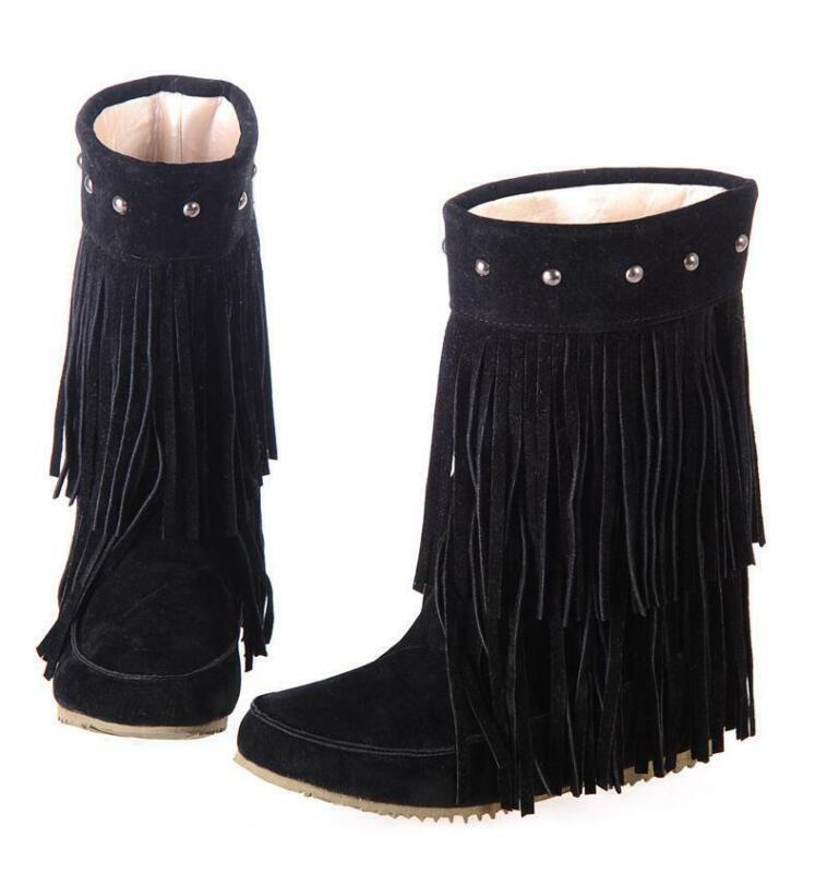 Fringes Womens Rivet Tassel Round Toe Hidden Wedge Mid Calf Boots Pull on Shoes