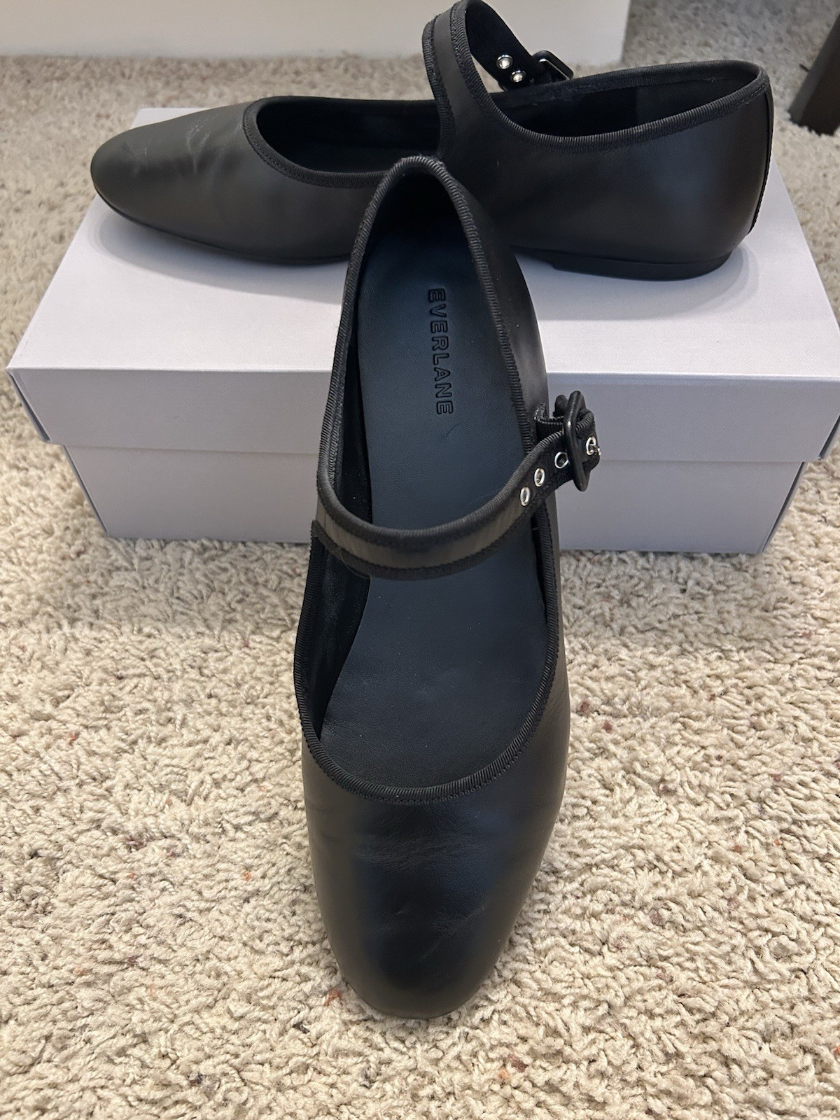 Everlane ~ The Day Buckle Mary Jane Flats Black Leather 10.5 M w.Box Excellent