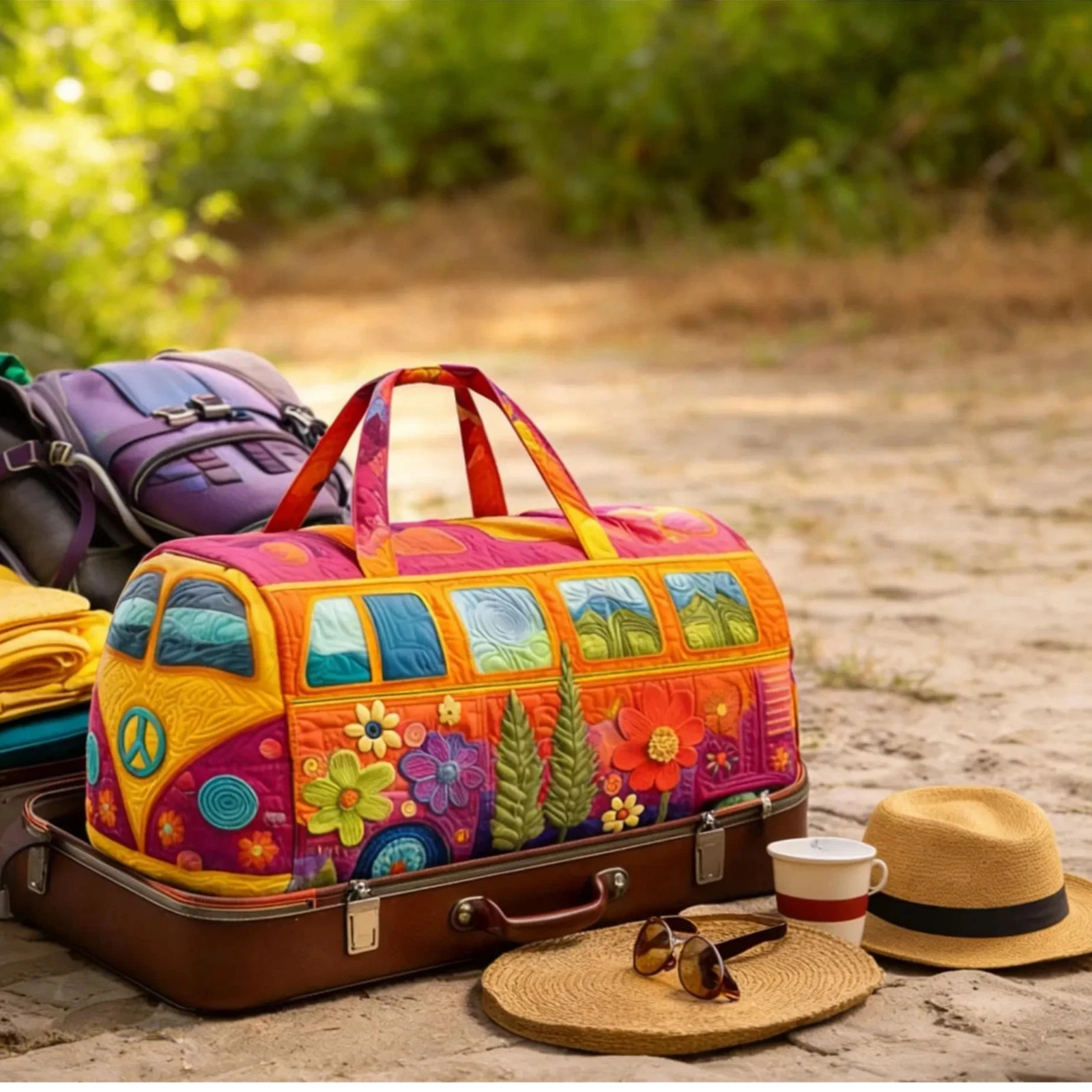 Unisex Boho Quilted Weekender Bag – Large Hippie Van Quilted Duffle Bag Carry-on