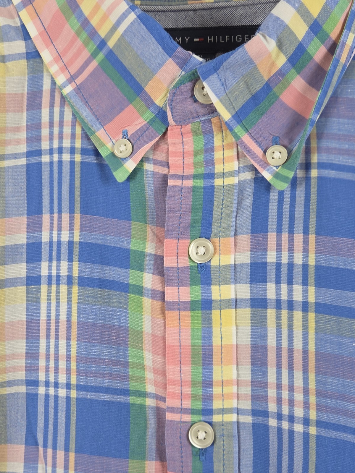 Tommy Hilfiger Mens 2XL Linen Blend Shirt Custom Fit Pastel Plaid Beach Cruise