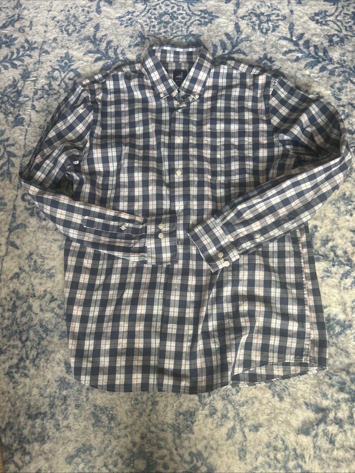 Johnnie-O Mens Large Brown Gingham Check Button Down Cotton Shirt Long Sleeve