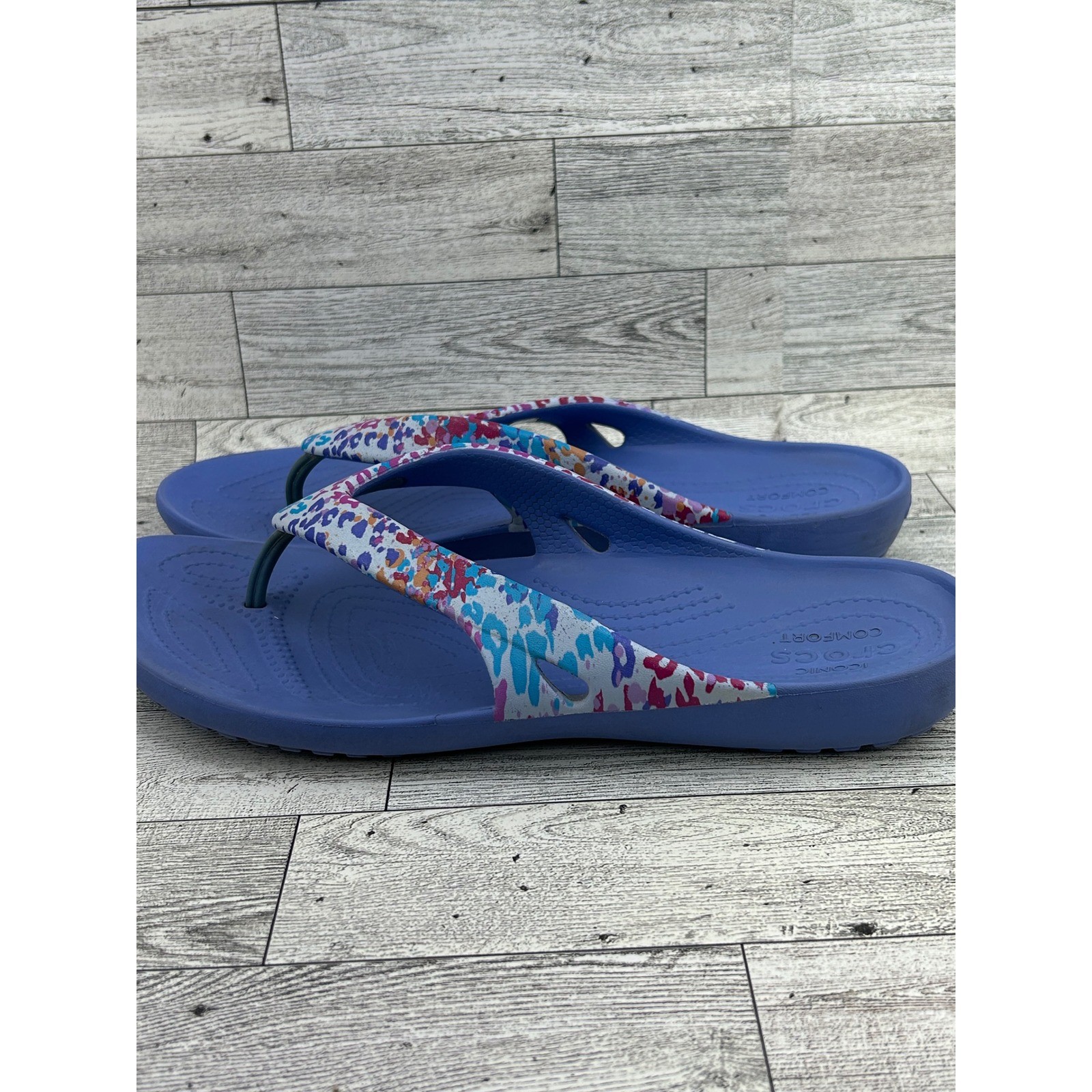 Crocs Kadee II Flip Flops Women Size 10 Blue Multi Color Leopard Print Sandals