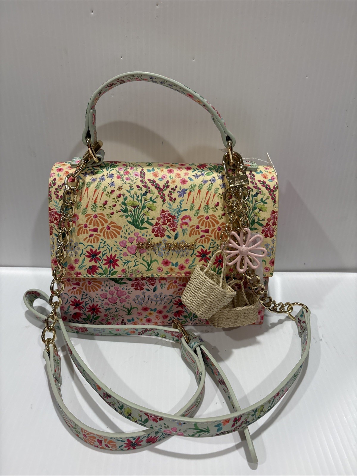 Betsey Johnson Spring Floral Yellow Bag Purse Crossbody Top Handle Basket charm
