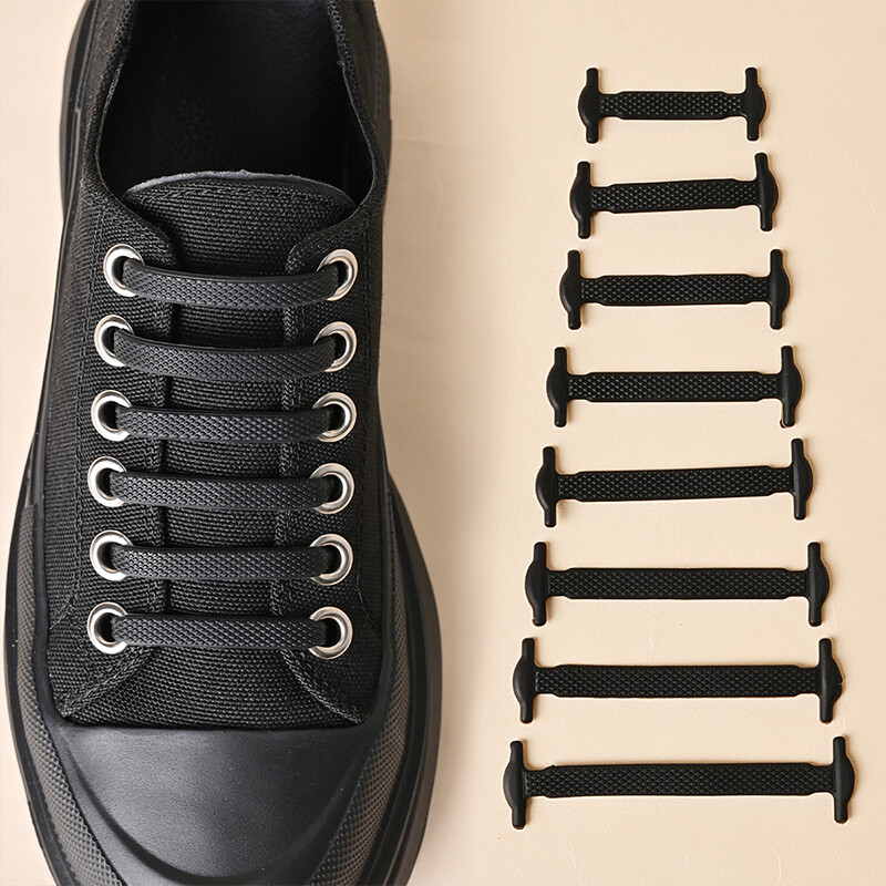 14 Black/White Elastic Lacing System Laceless Slip On No Tie Shoe Laces Silicone