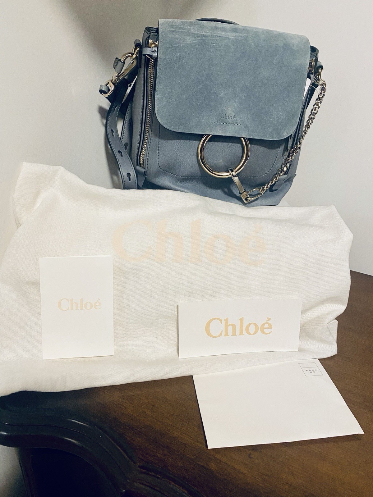 Auth Chloe Faye 2way Leather Suede Backpack Bag Blue Women’s w/Shoulder Strap