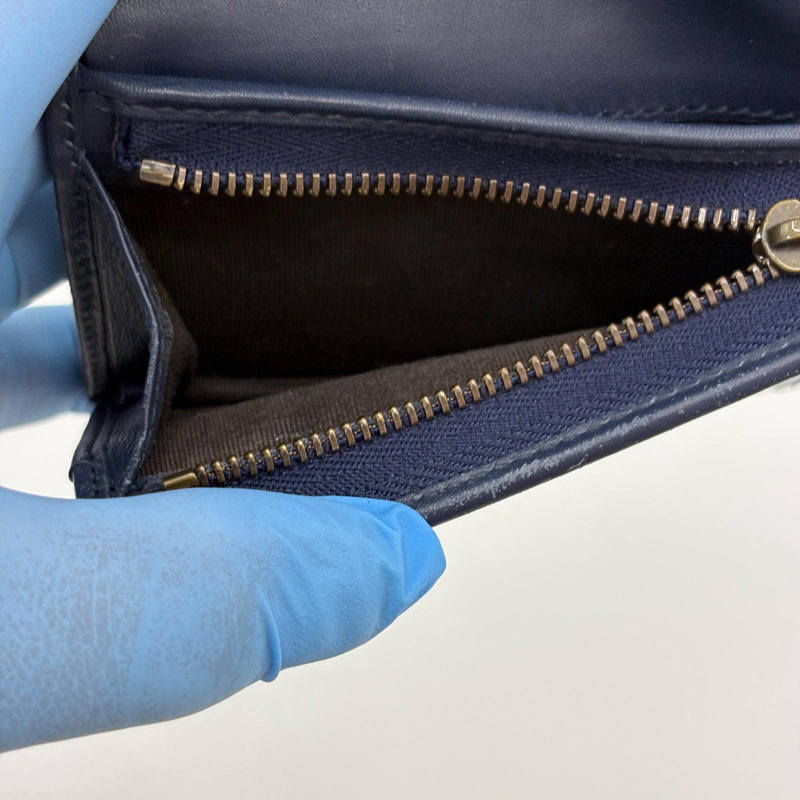 Gucci GG Marmont Wallet Denim Pearl Studs Compact Trifold Blue Leather Auth