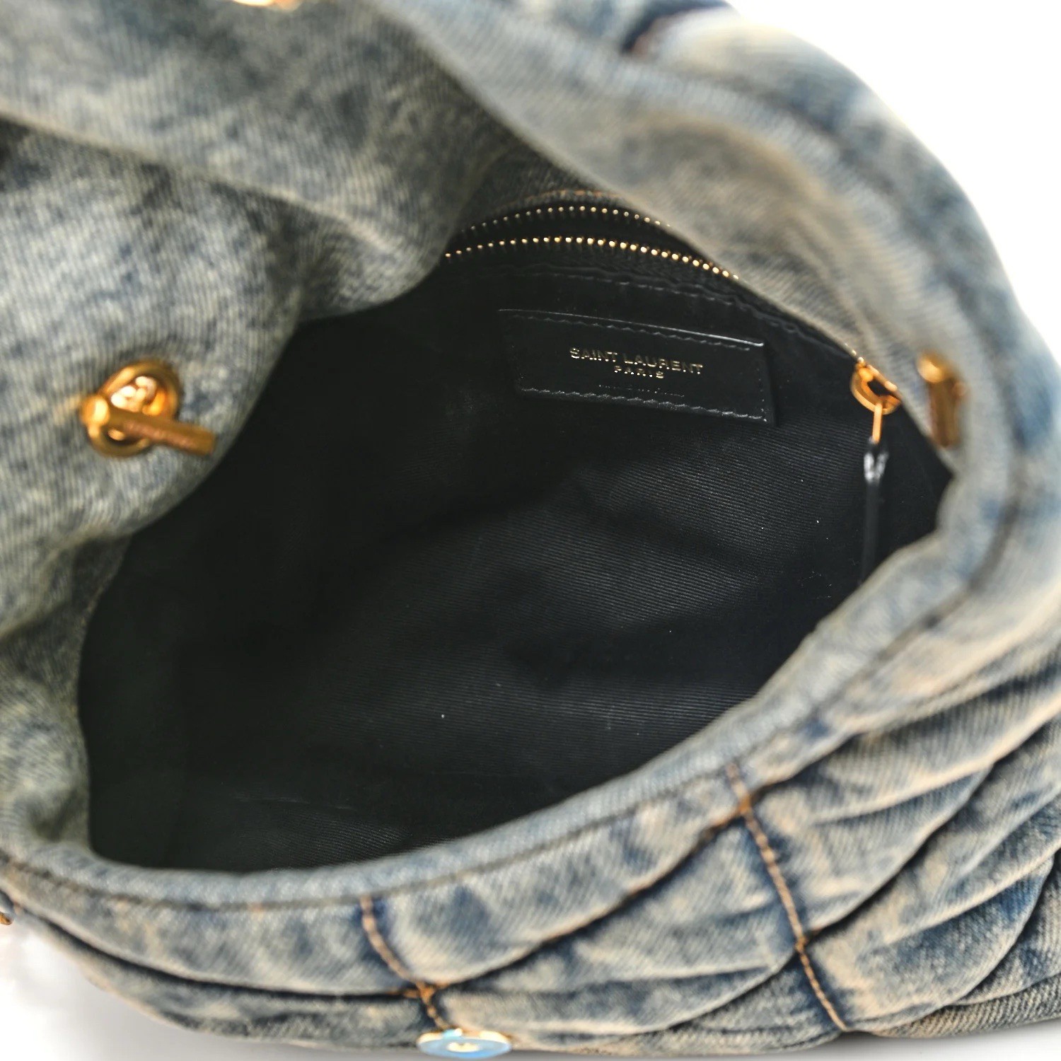 Saint Laurent Denim Quilted Toy Loulou Puffer Monogram Chain Satchel Blue Black