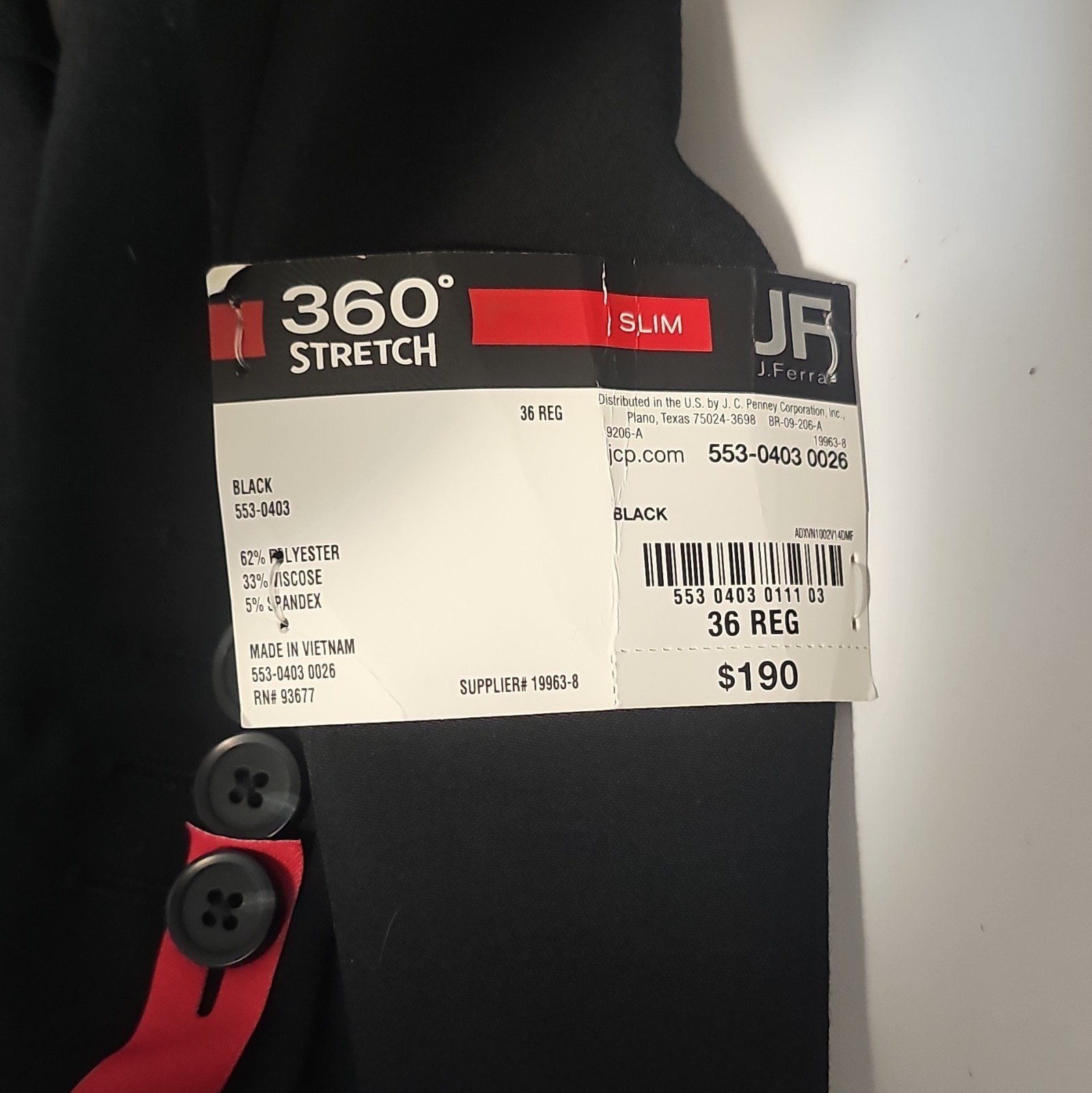 J.Ferrar Men’s 2-Piece 360 Stretch Slim Black Suit 36R Jacket 30W x 30L