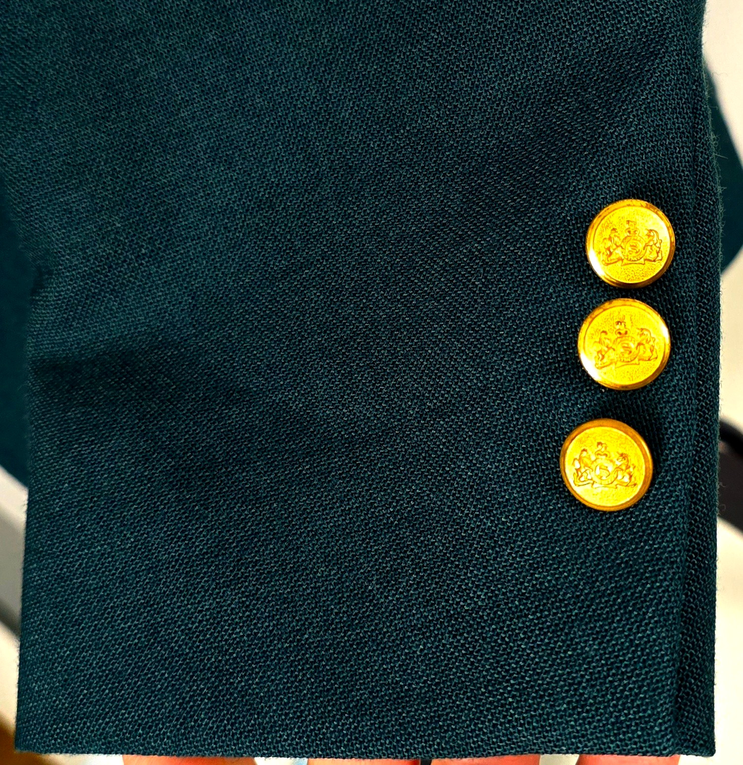 Vtg Stafford Worsted Wool & Polyester Hopsack Blazer Green, Gold Buttons 40 USA