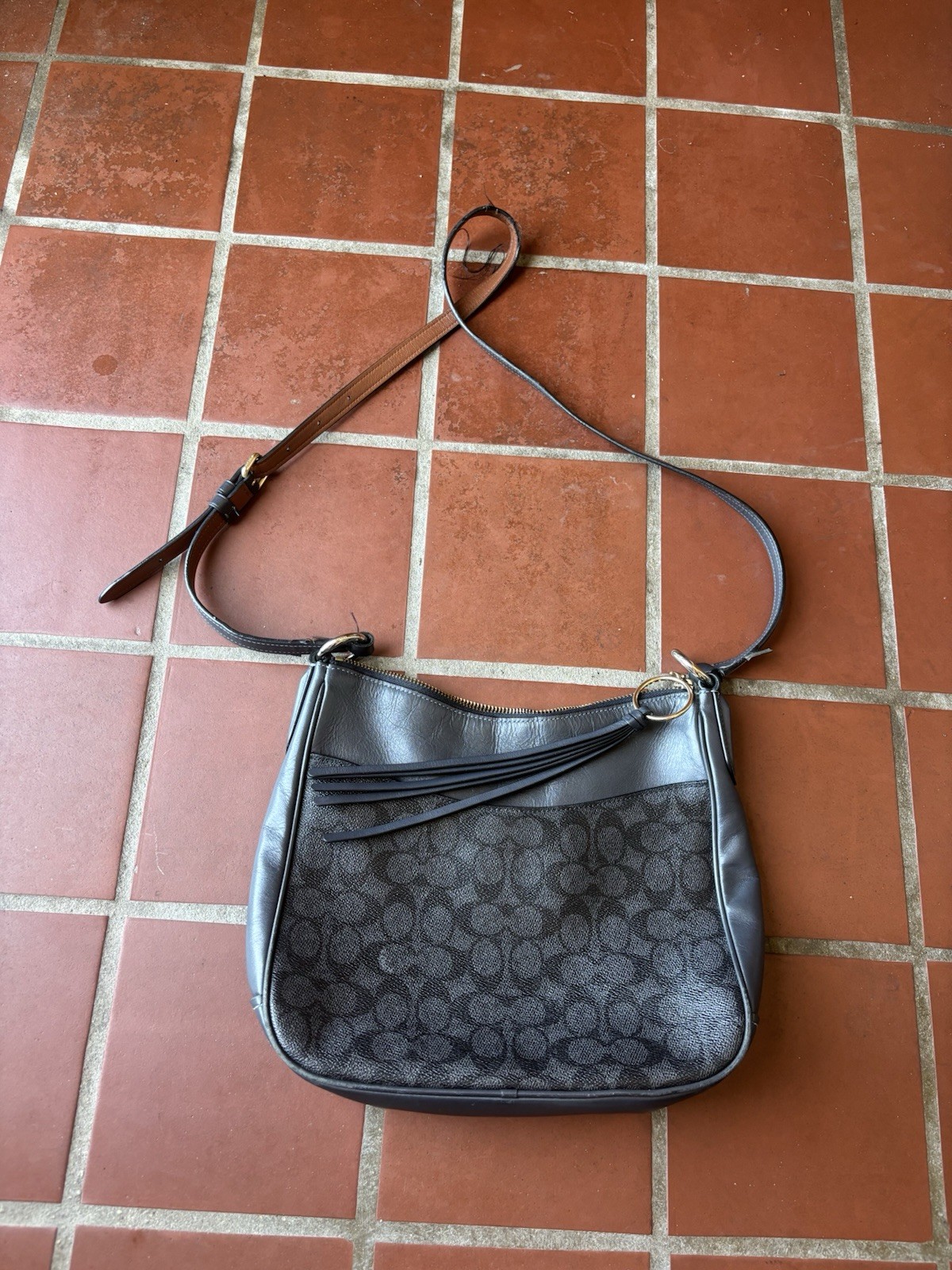 Coach Signature Black Small Crescent Crossbody Zip Tassel Detachable Strap