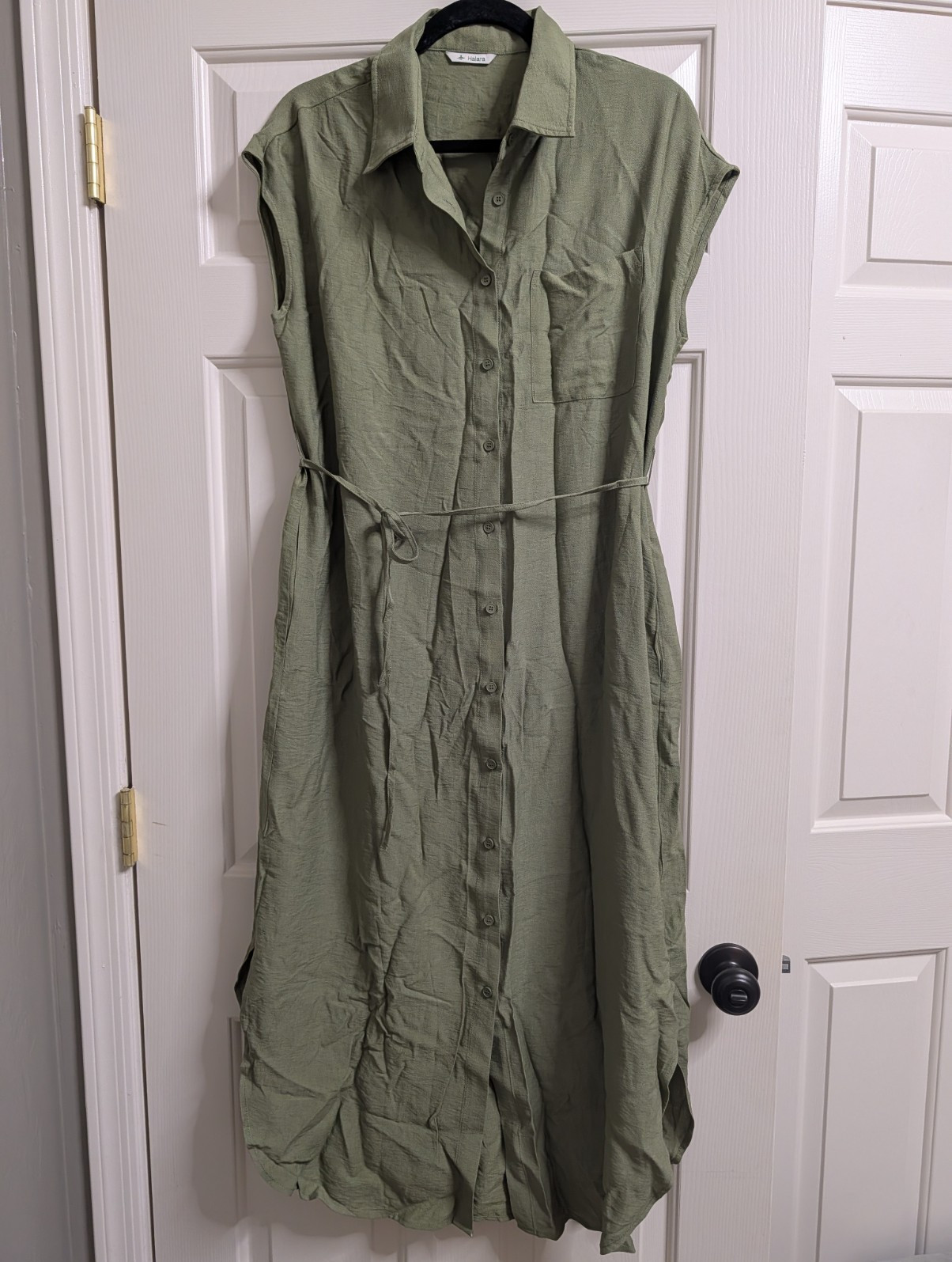 Halara Women’s Green Solid Collared Button Shirt Dress Belted Midi L