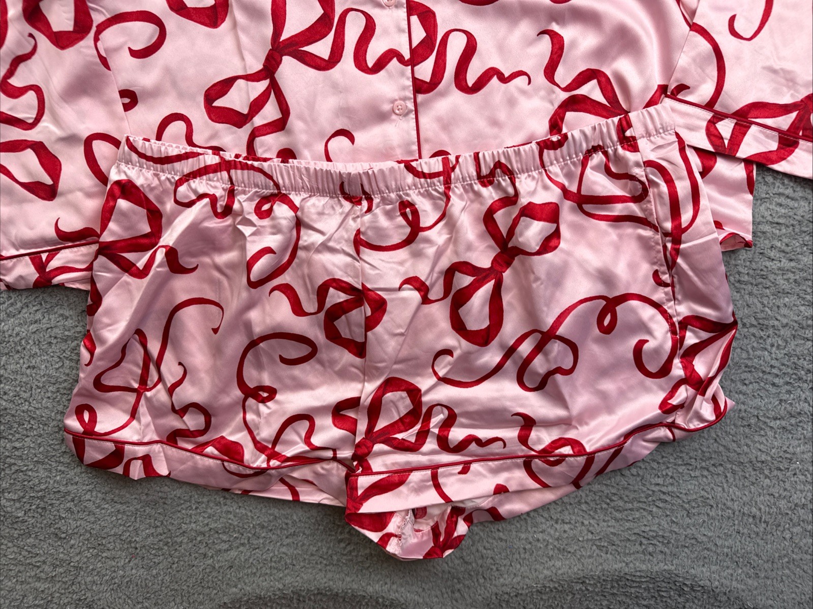 JoySpun Womens Plus Size 2X 18W/20W Pink Ribbons Satin Top & Shorts Pajama Set