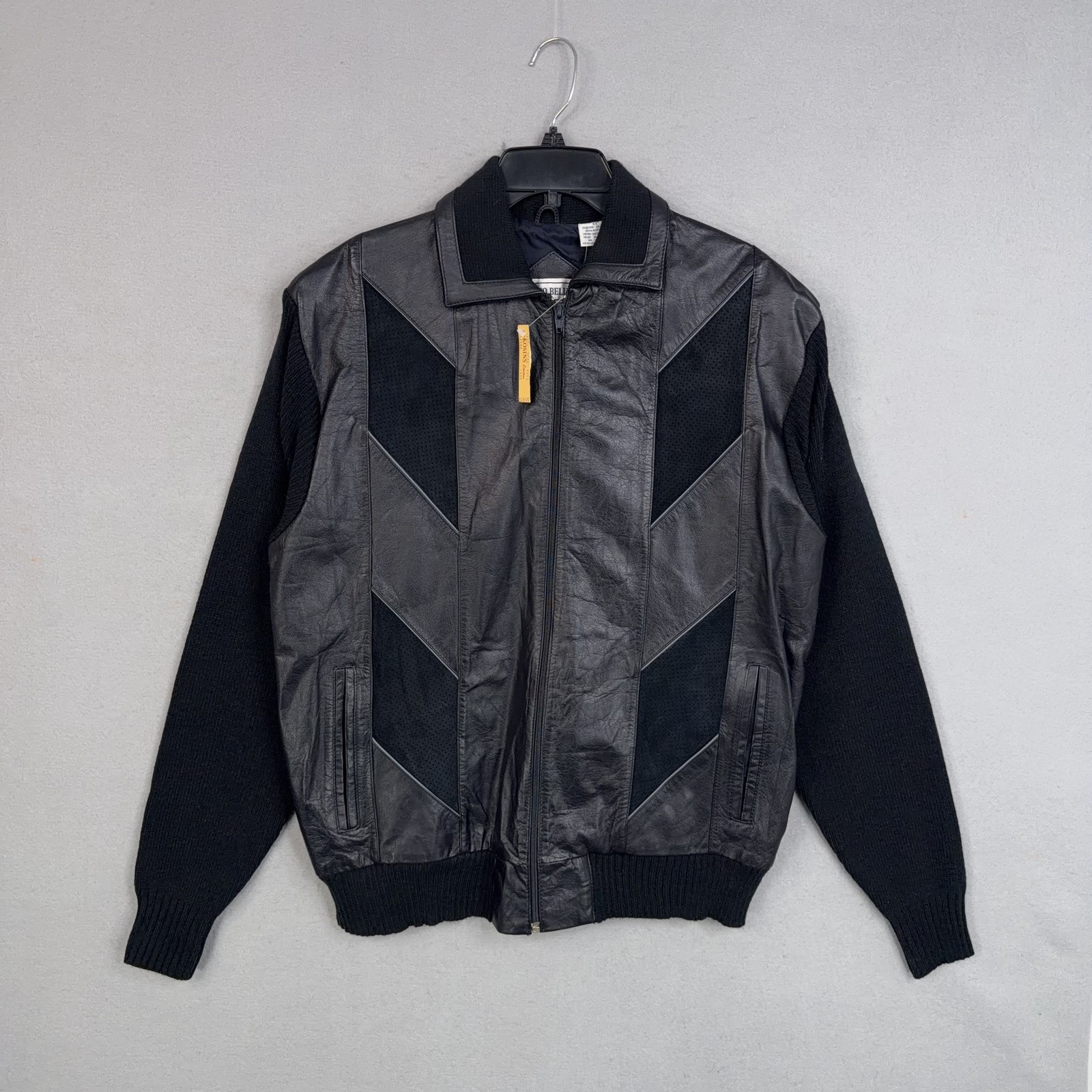 Vintage Mario Bellucci Jacket Womens Large Tall LT Leather Knit Bomber Geometric