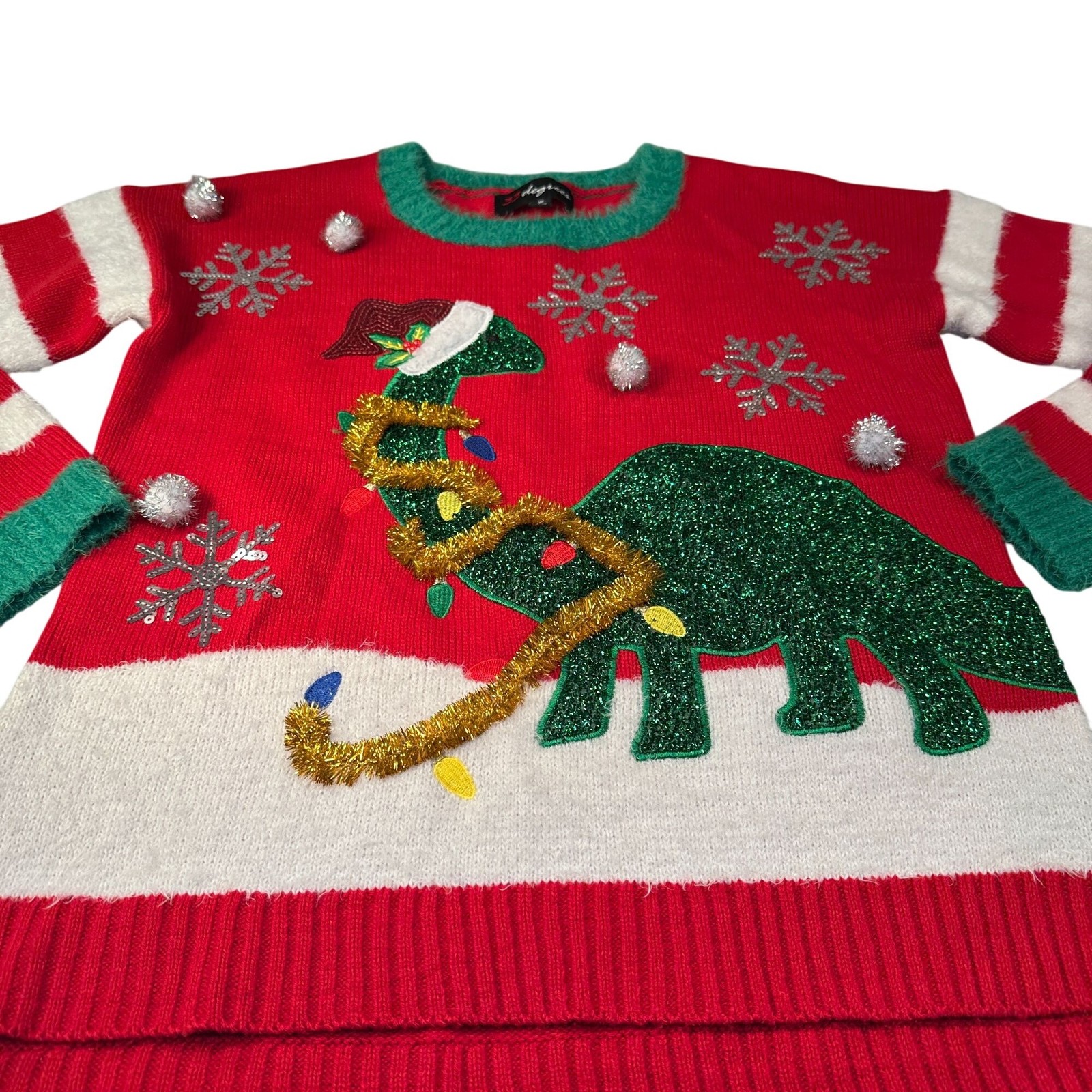 33 Degrees Christmas Holiday Dinosaur Santa Ugly Sweater Women Fuzzy Festive