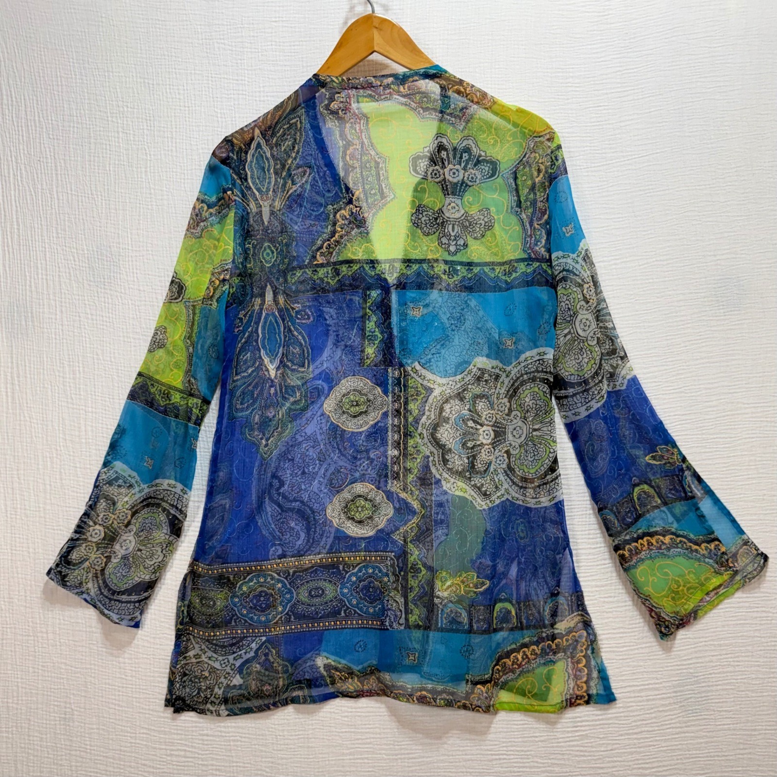 Bitter Apple Tunic Top Womens S/M Blue Paisley Beaded Sheer Boho V-Neck