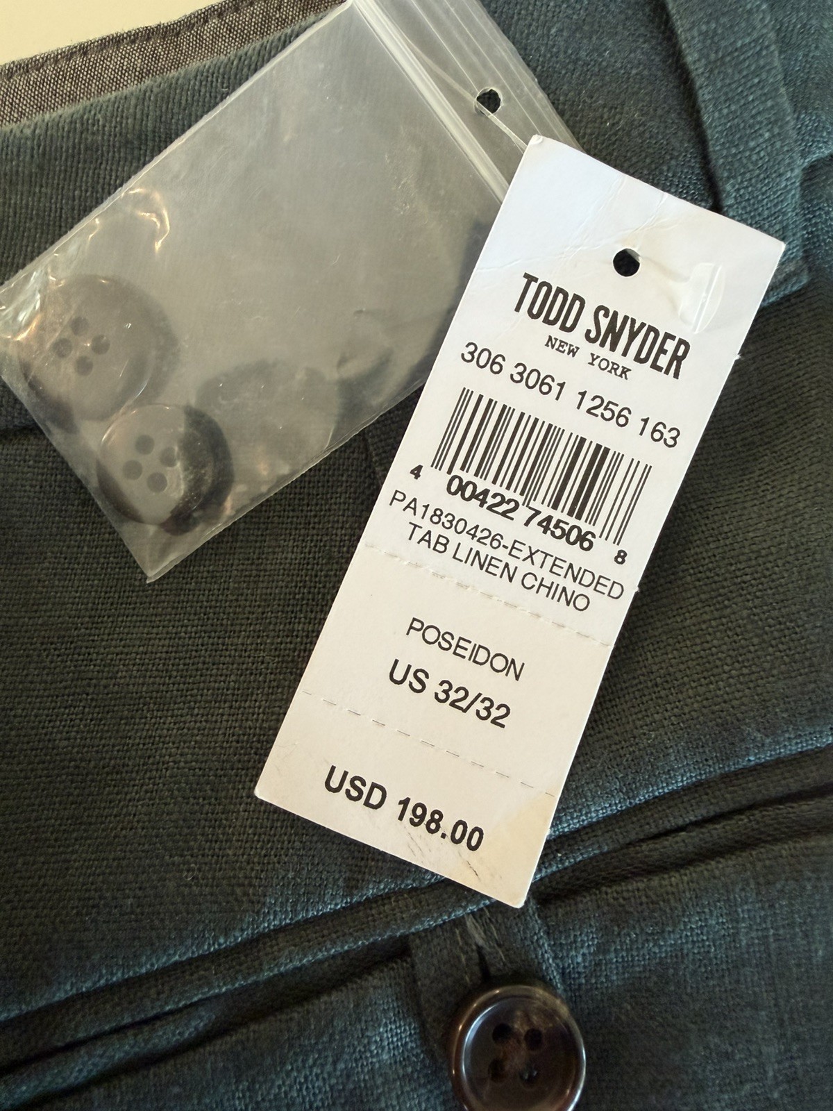 NWT Todd Snyder Poseidon Green 100% Linen Extended Tab Chino Pants Mens 32 x 32