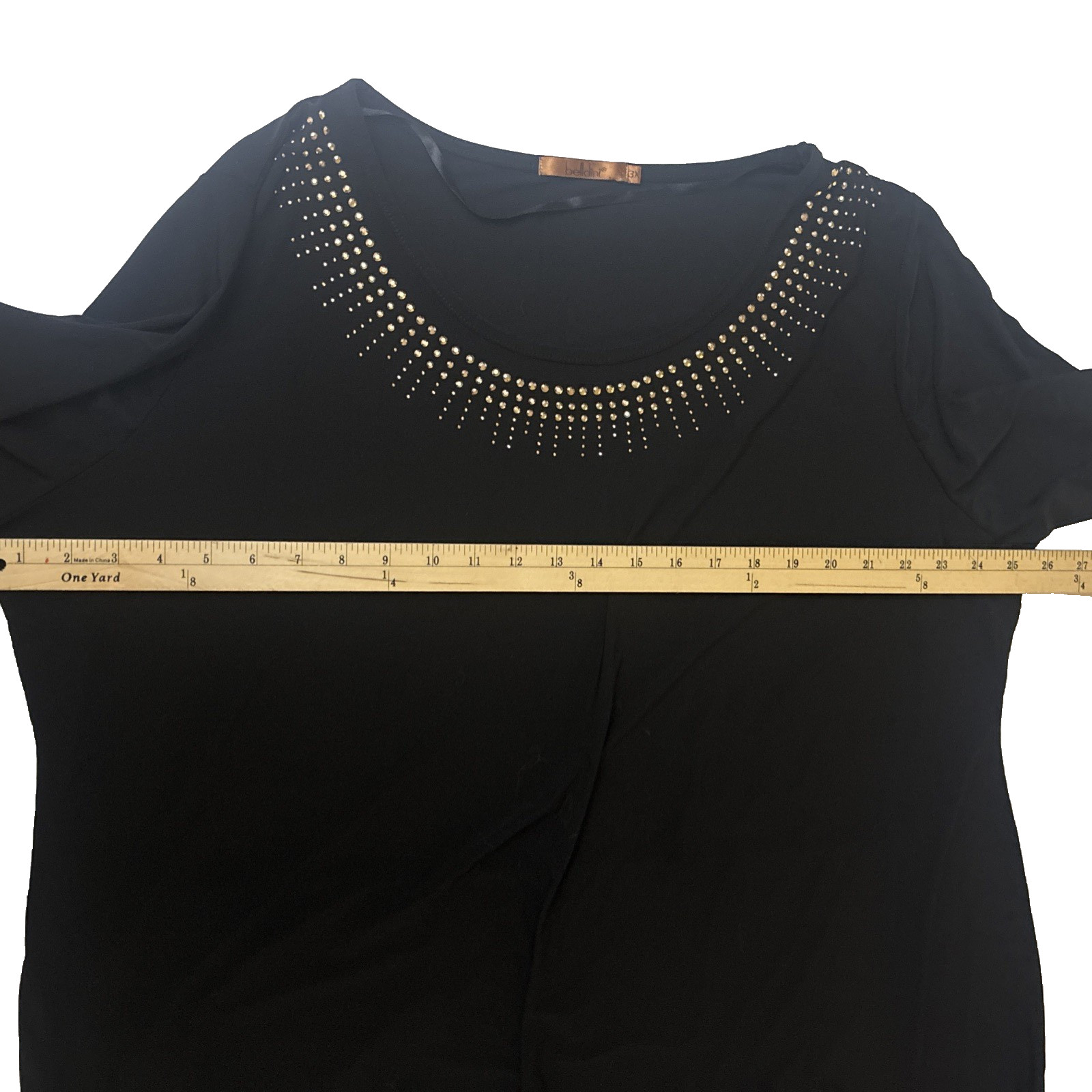 Baldini Womens Black Beaded Neckline 3/4 Sleeve Top Plus Size 3X