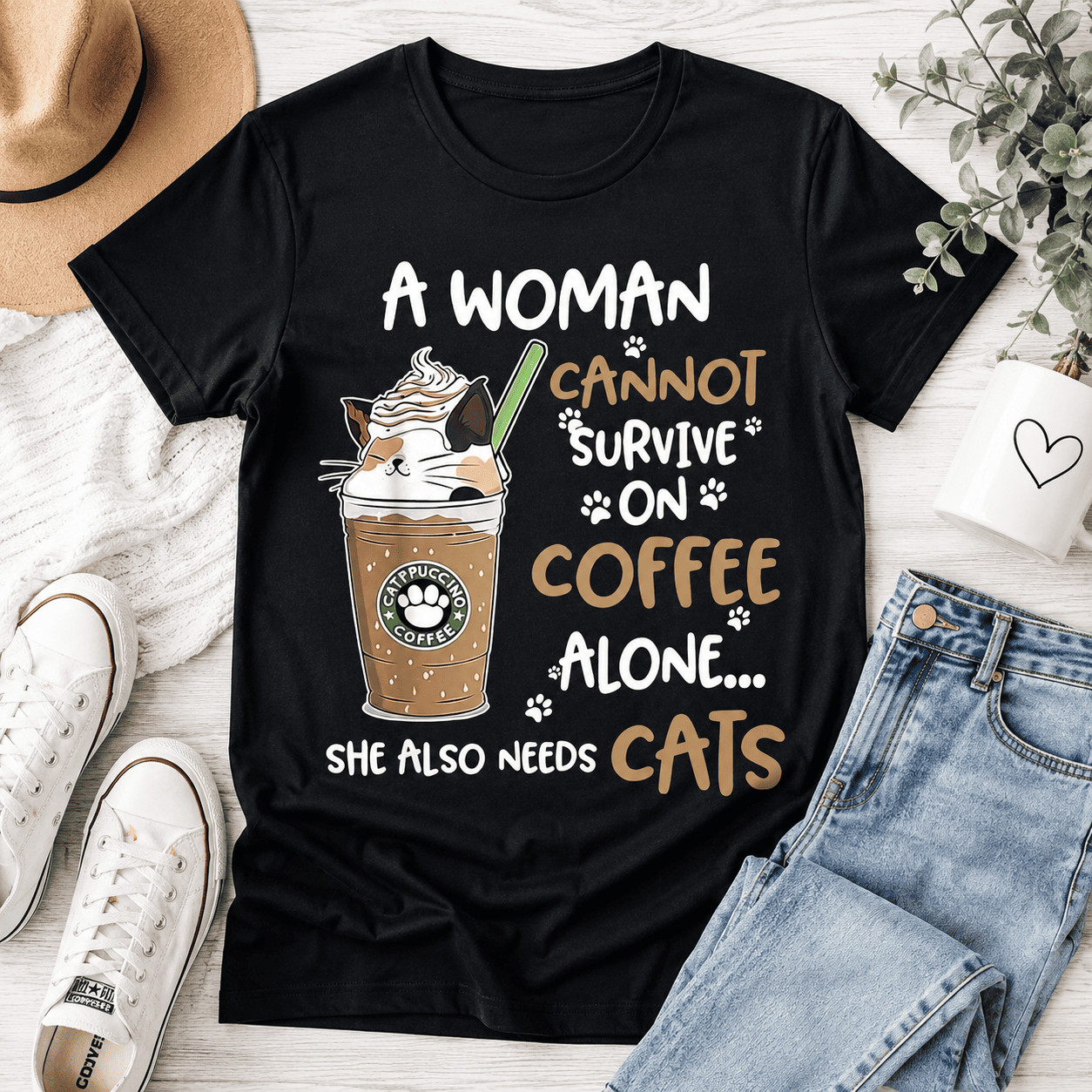 Women Funny Cat Coffee Lover Graphic T-Shirt Cute Kitty Casual Crew Neck Tee