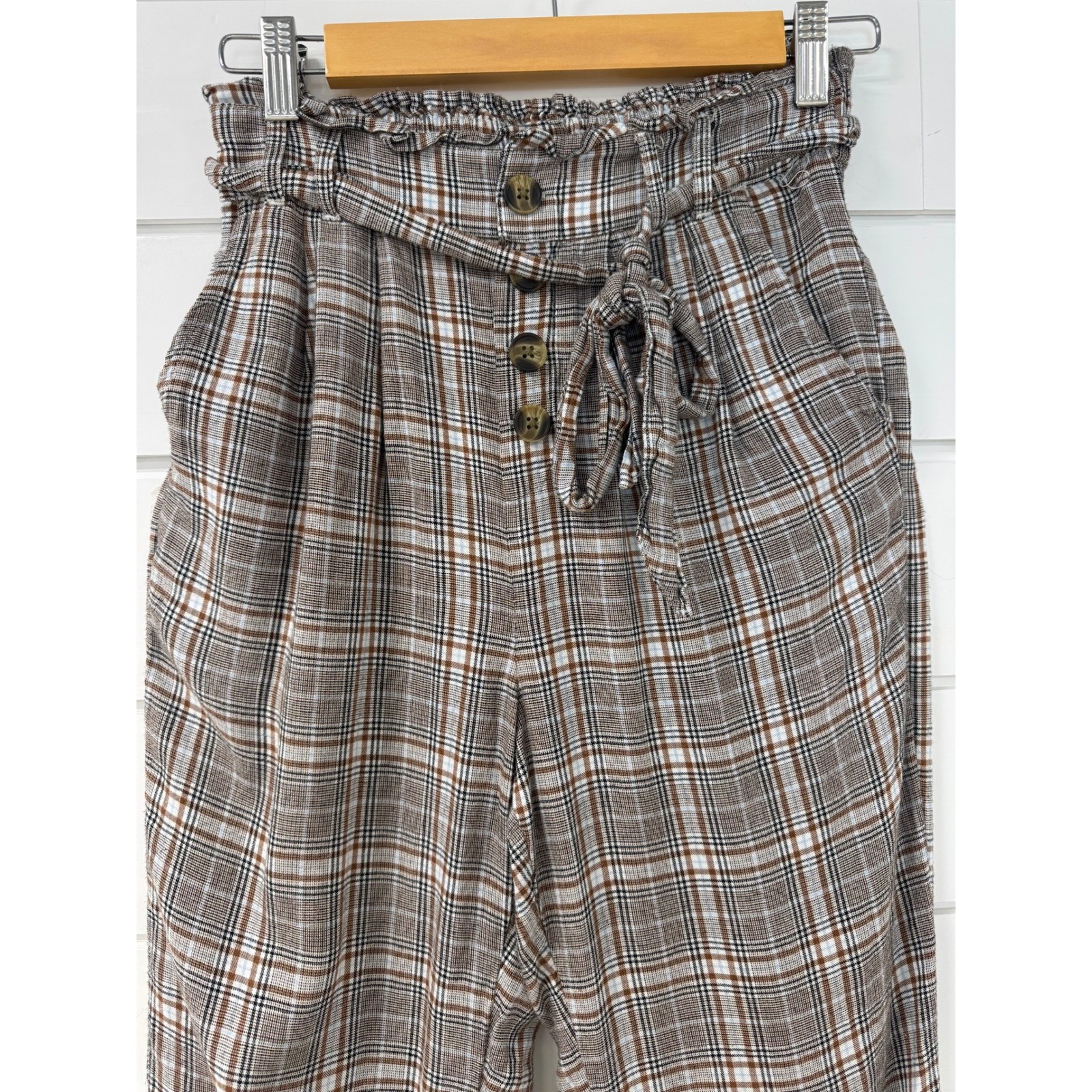 American Eagle Brown Plaid Paperbag Waist Pants XS Tapered Leg Button Front Tie