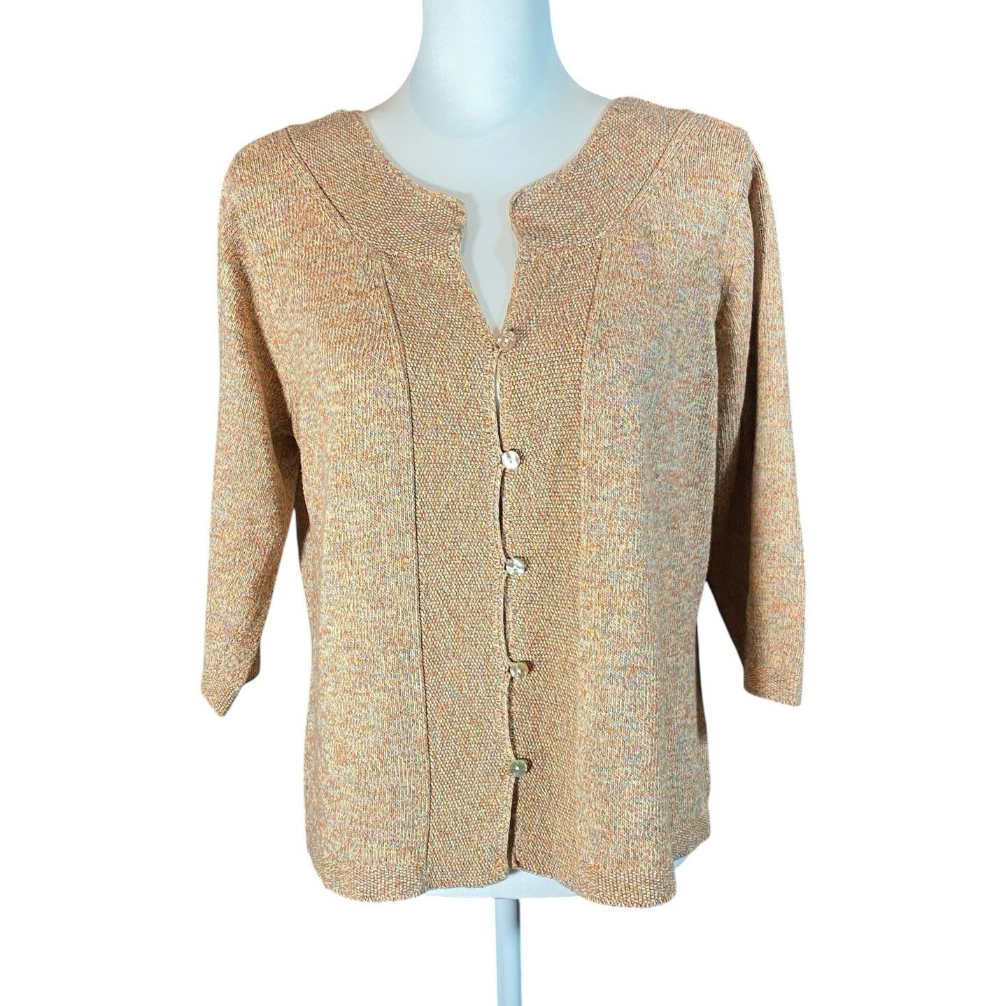 Vintage J. Jill Cardigan Sweater L Marled Cotton Blend Mother of Pearl Buttons