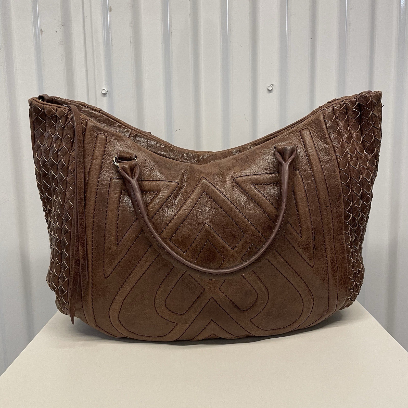 Elliott Lucca Brown Leather Embroidered Quilted Hobo Shoulder Bag Purse
