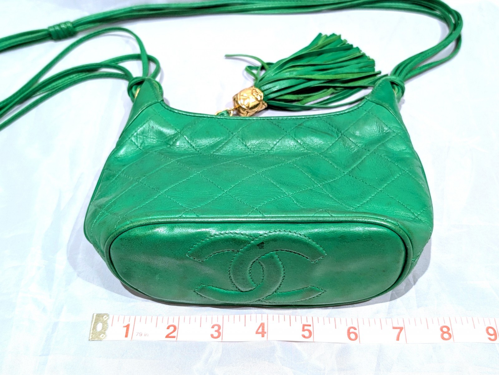 CHANEL CC Logo Fringe Charm Mini Shoulder Bag Lamb Leather Green VTG JPN