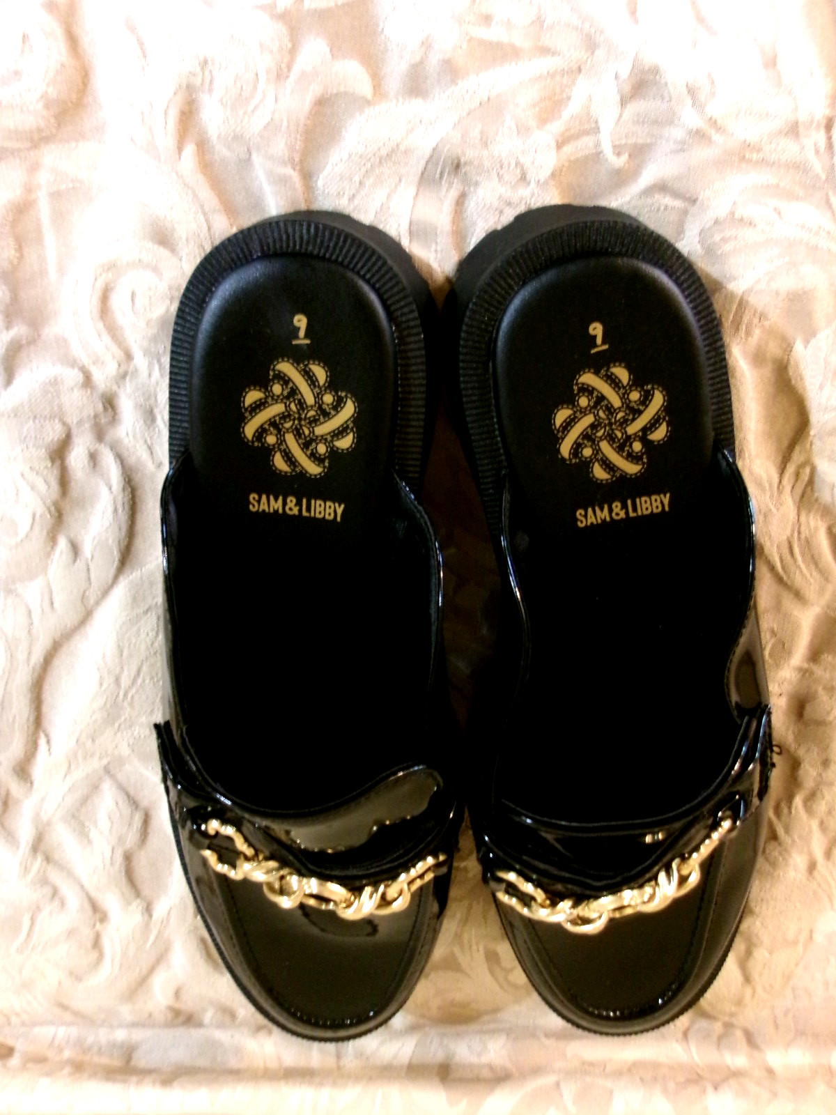 Sam & Libby Reese Black Patent Leather Mules Chain Loafers Chucky Platform