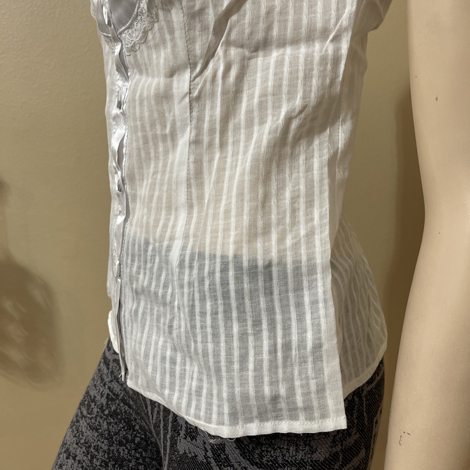 Women’s White Cotton Casual Sheer Striped Lace Satin Buttons Size L Blouse Top