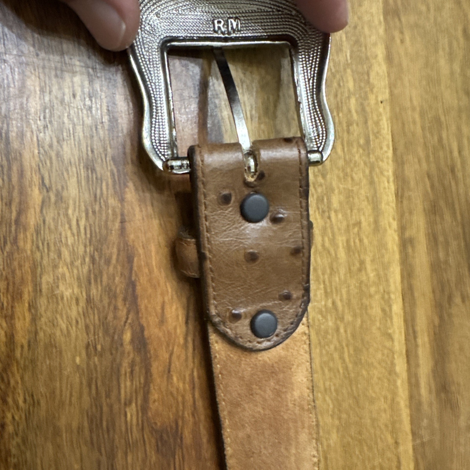 Mens Leather Belt Size 32 Ostrich Print Brown Y1025 Made In USA Western