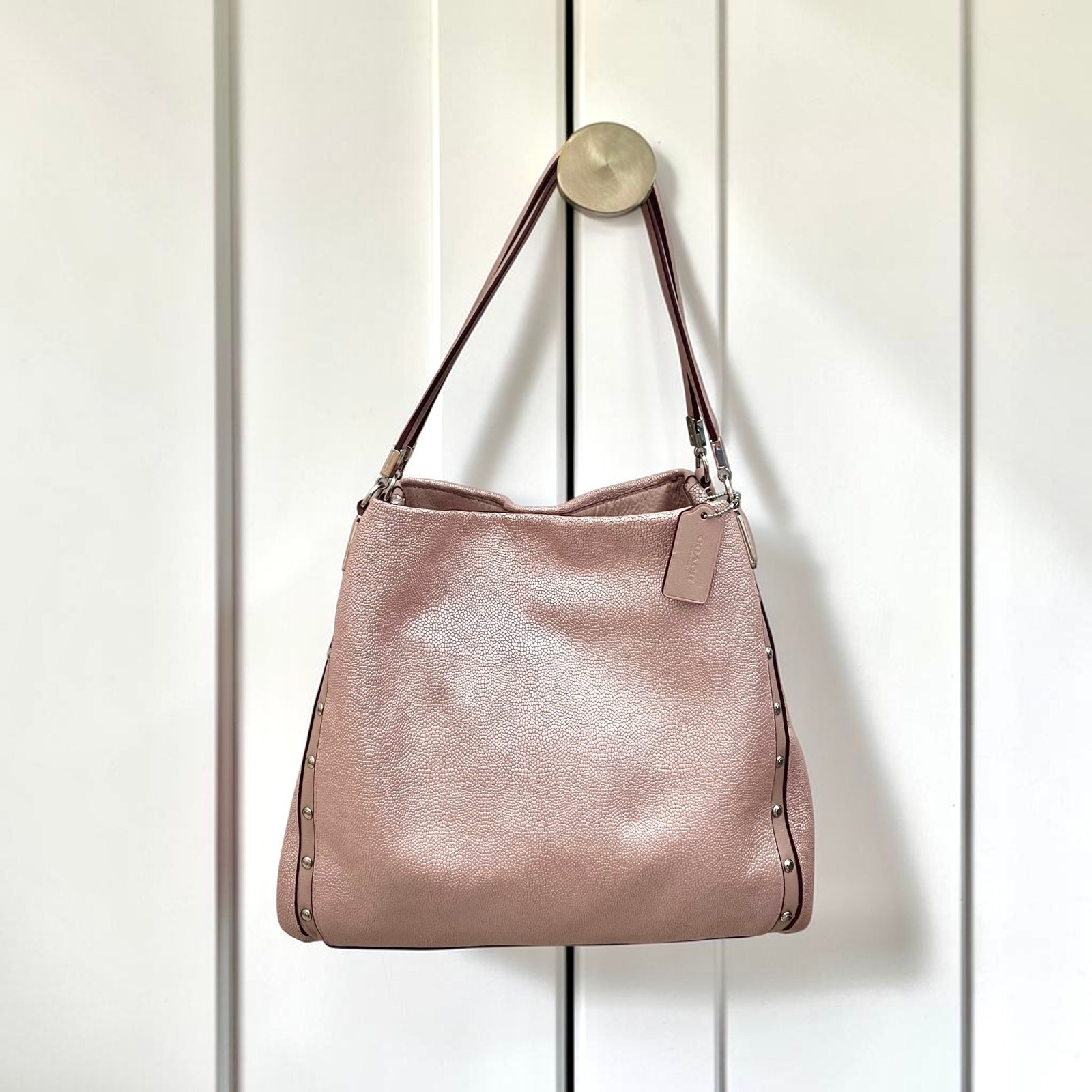 Coach Madison Phoebe Studded Metallic Rose Pink Pebbled Leather Shoulder Bag
