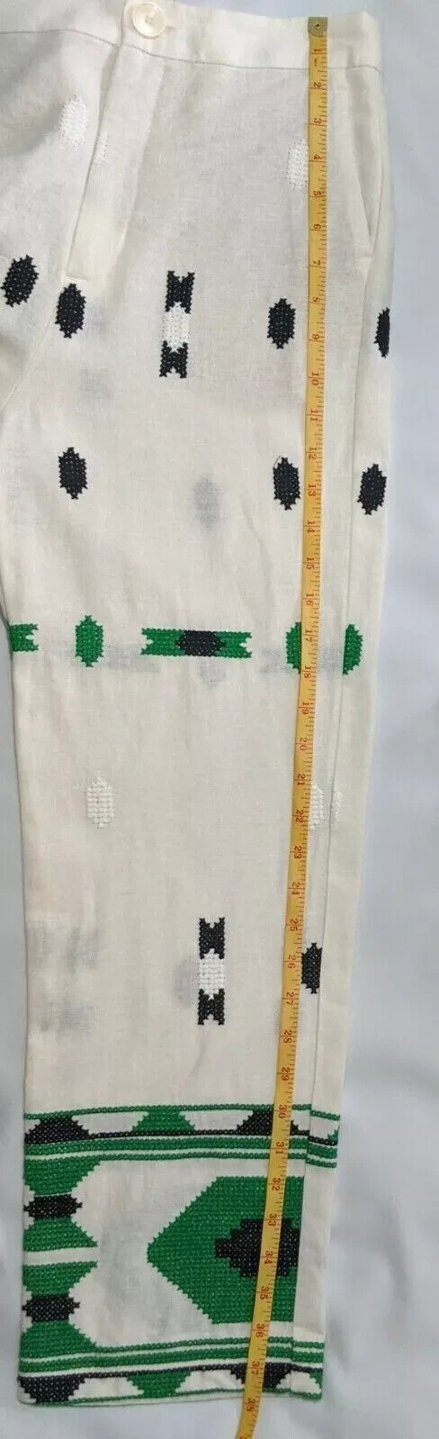 Zara White and Green Linen Blend Embroidered Trousers Size S RRP £49.99