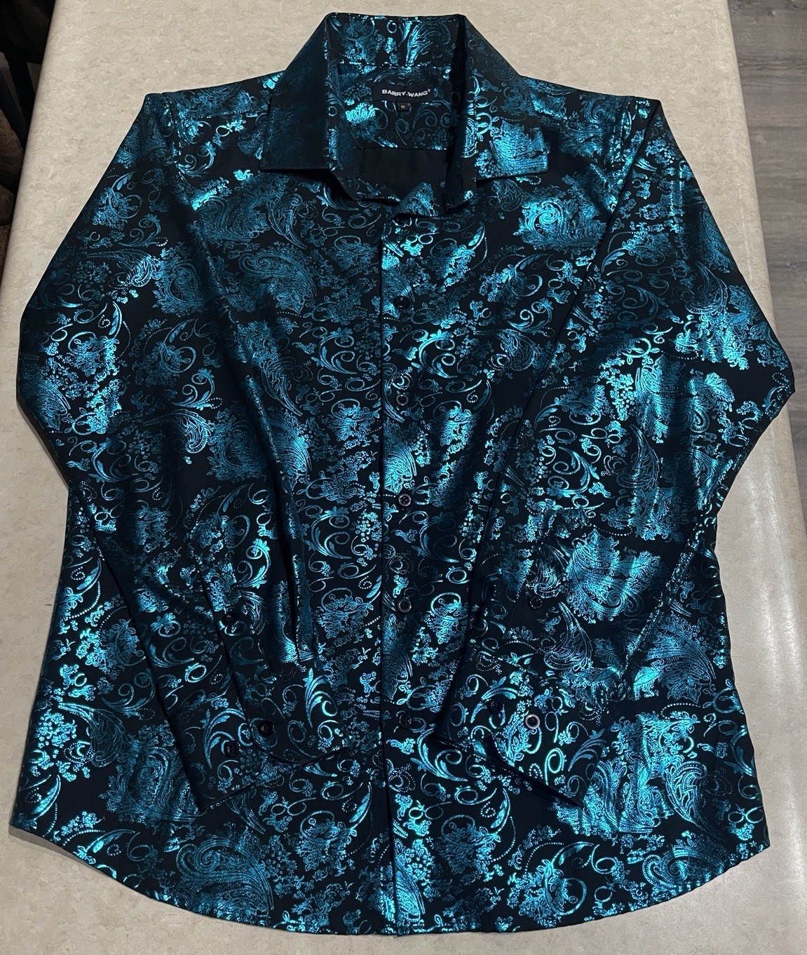 Barry Wang Men’s Blue & Black Paisley Print Button Down Front Dress Shirt Sz M