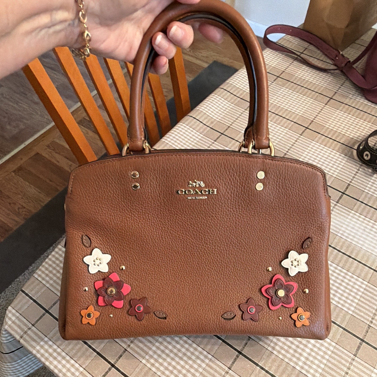 Coach Pebbled Satchel Top Handle Bag, Zip Closure, Brown, Floral Applique