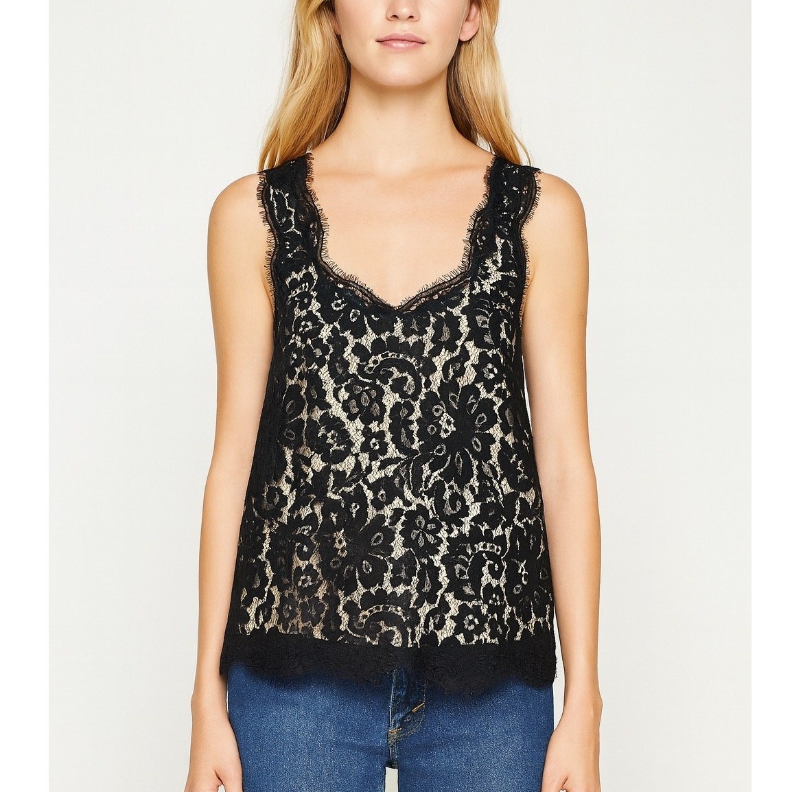 Joie Cina Black Nude Lace Scoop Neck Sleeveless Top