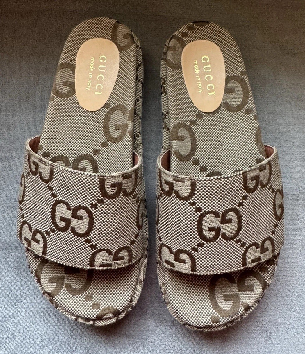 Womens Gucci Angelina Maxi GG Platform Slide Sandals Size 8.5 Or 39