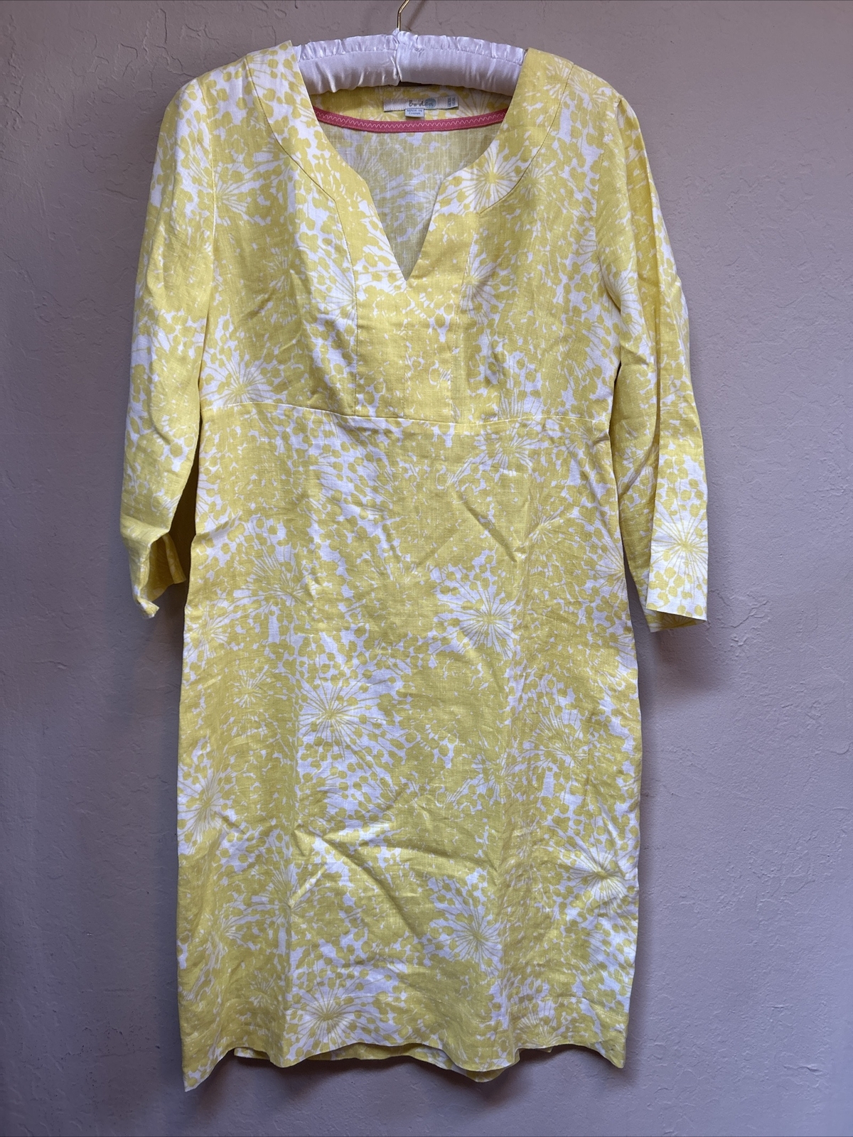 Boden Women’s Sleeve Split Neck Yellow/White Print Linen Shift Dress Size 6L3/4
