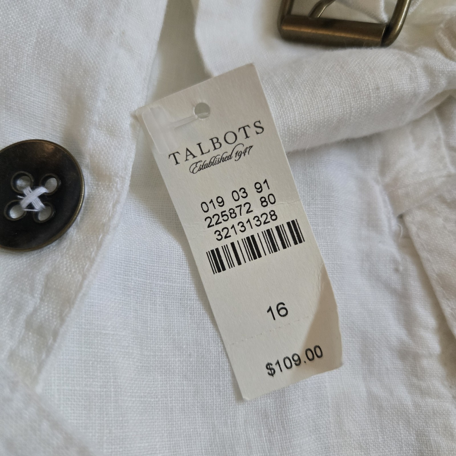 NWT Talbots 100% Pure Irish Linen Trench Jacket White Belted Safari Utility 16