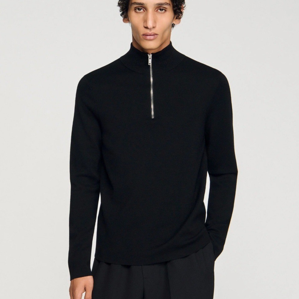 Sandro Black Quarter-Zip WOOL men’s SWEATER WITH ZIPPED COLLAR