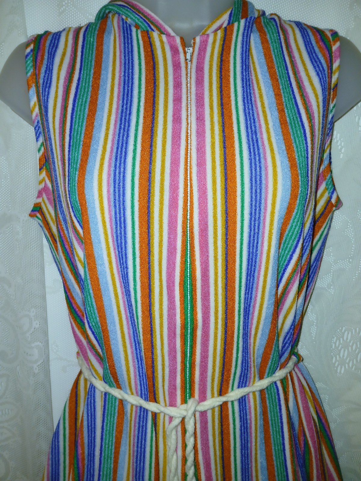 Vintage 70s Terry Cloth Rainbow Stripes Hooded Swim Cover-up Robe Tex M EUC