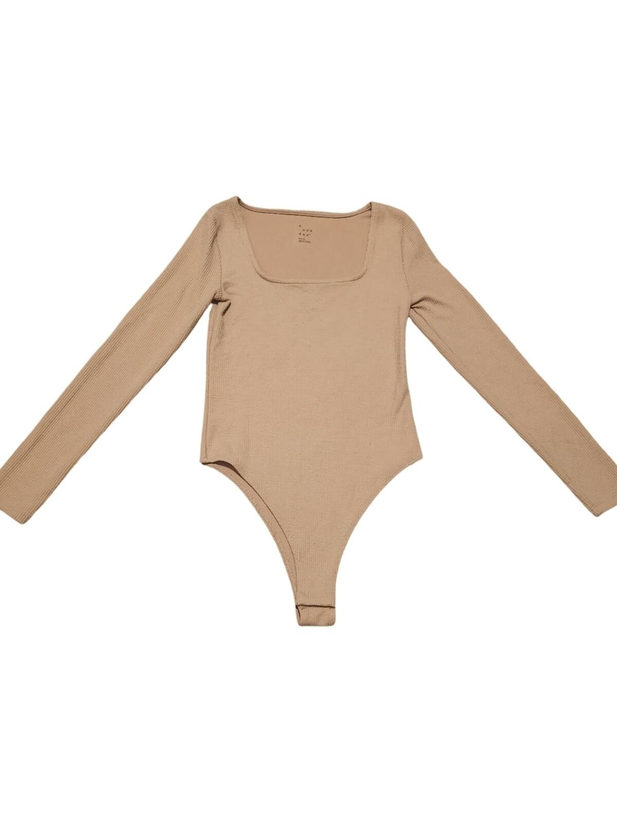 a new day Ribbed Long Sleeve Scoop Neck Bodysuit in Taupe