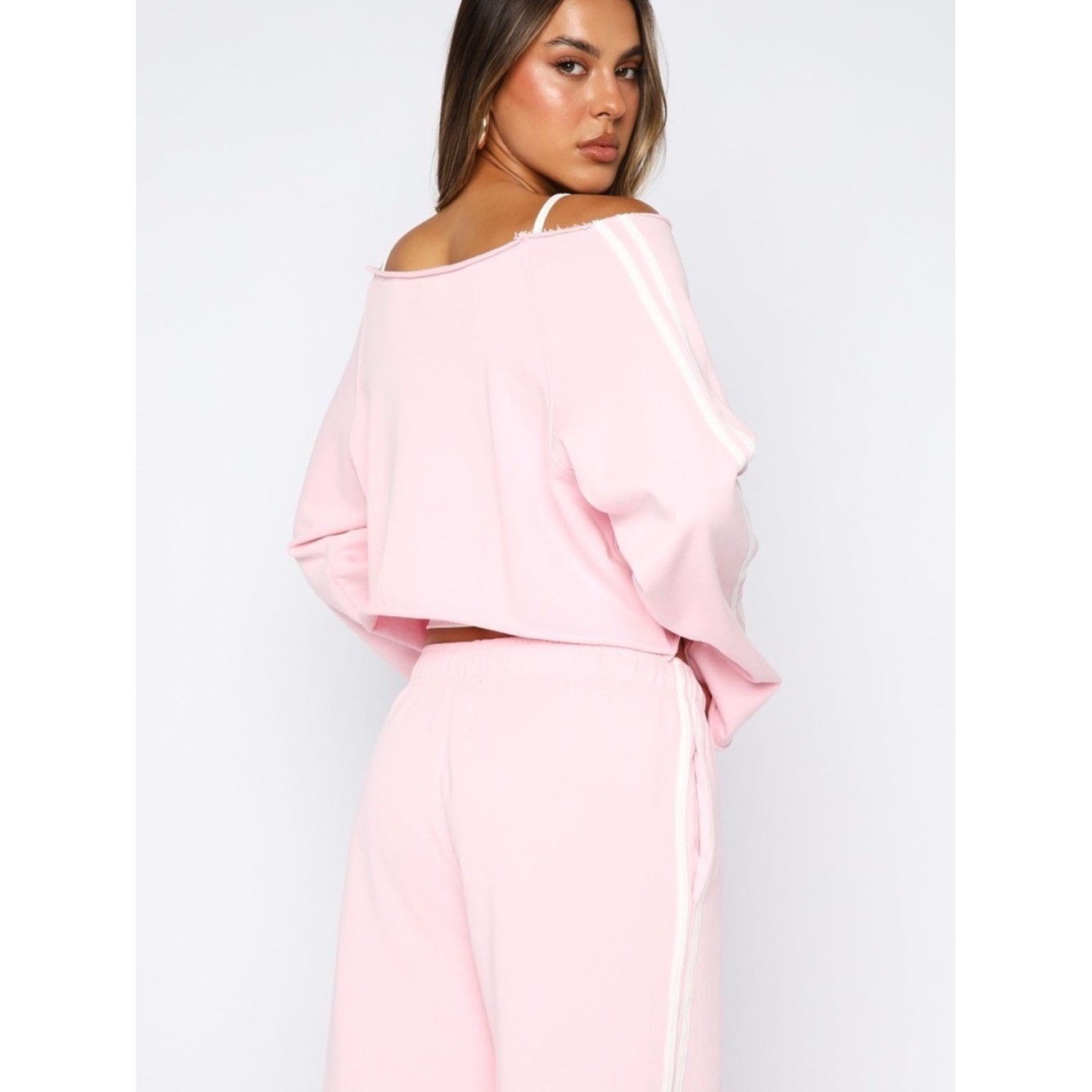 White Fox Off The Bench Cropped Sweatshirt Side Stripe Raw Hem Pink XXS/XS