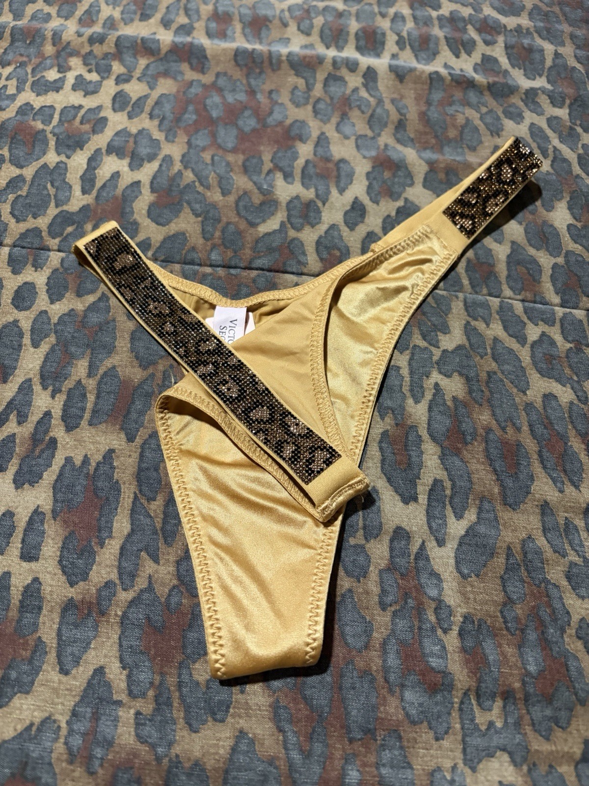 Victoria’s Secret Gold Satin Leopard Shine Rhinestone Strap Thong NWT S/M/XL
