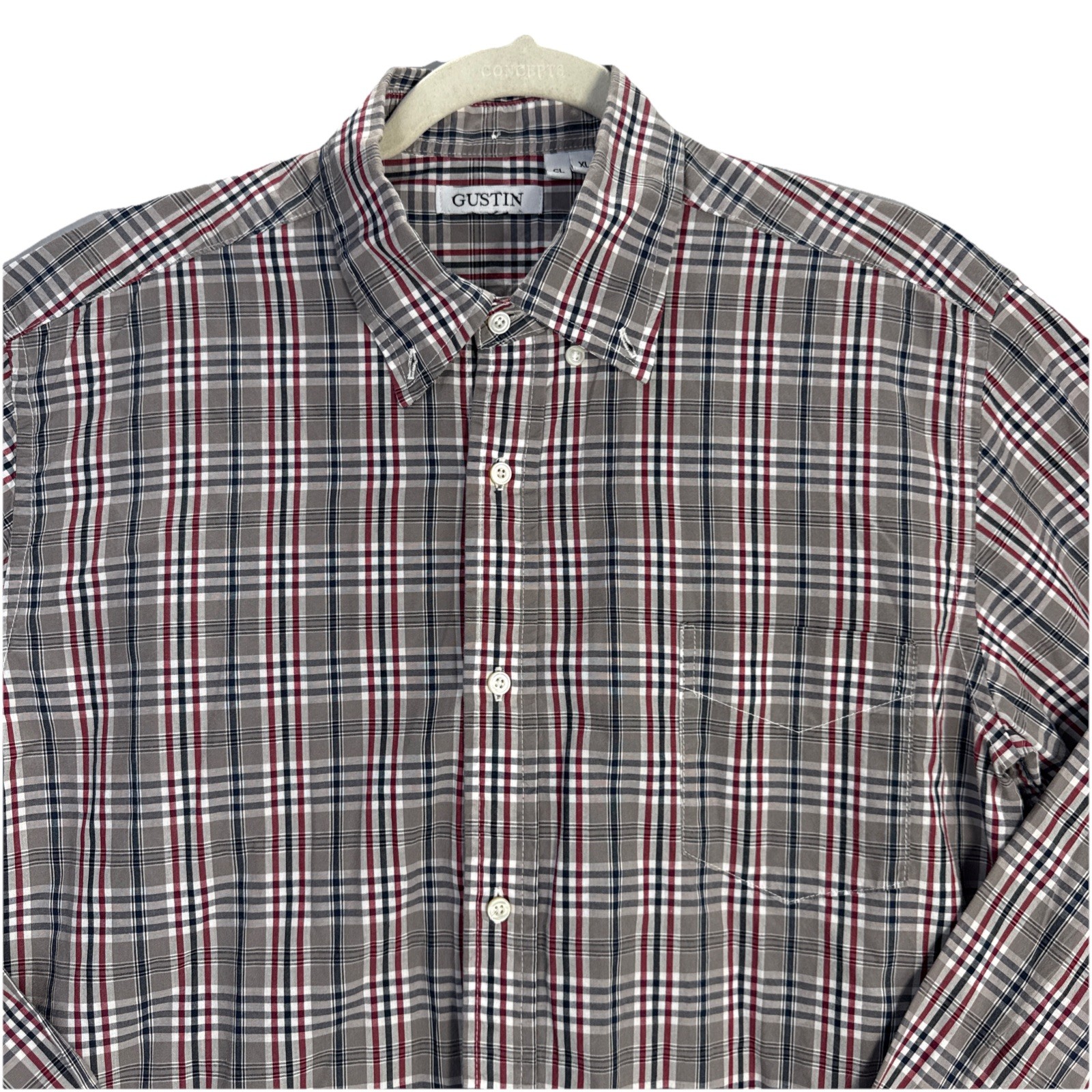Gustin Shirt Mens XL Gray Red Plaid Button Down Long Sleeve Made USA Western